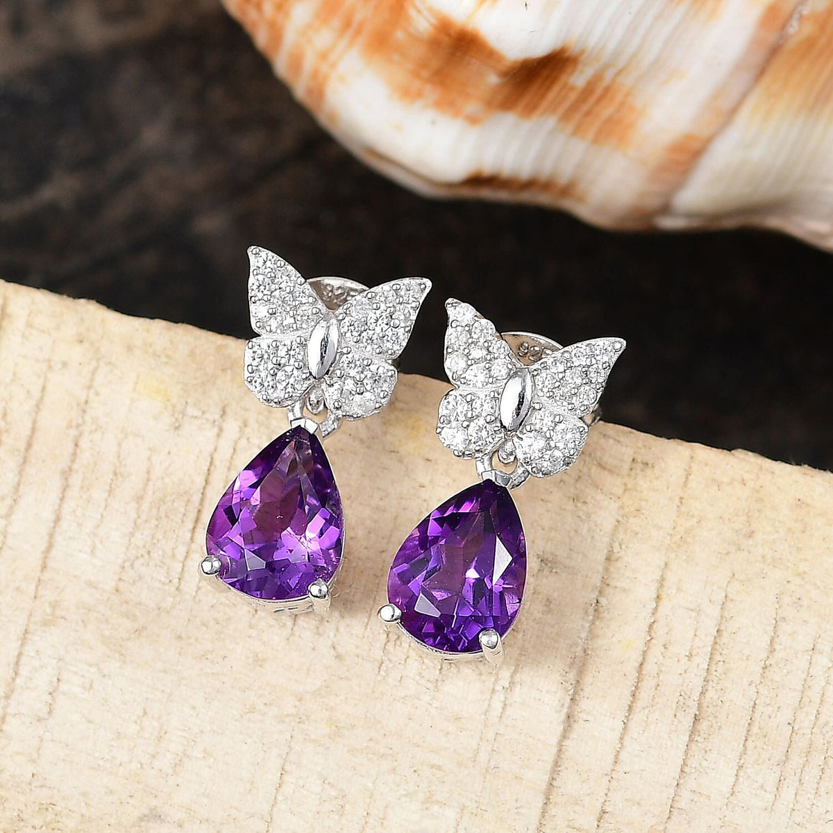 Natural Moroccan Amethyst &amp; White Zircon Blooming Butterfly Stud Push Post Earring in Rhodium Overlay Sterling Silver 2.43 Ct. 8164976 2
