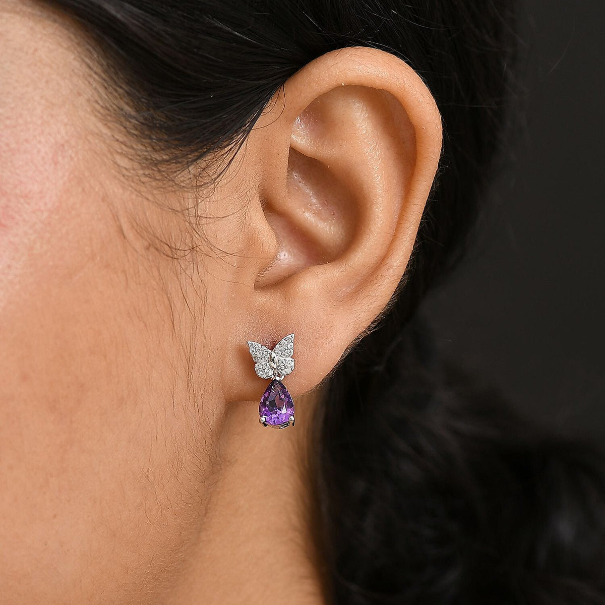 Natural Moroccan Amethyst &amp; White Zircon Blooming Butterfly Stud Push Post Earring in Rhodium Overlay Sterling Silver 2.43 Ct. 8164976 3