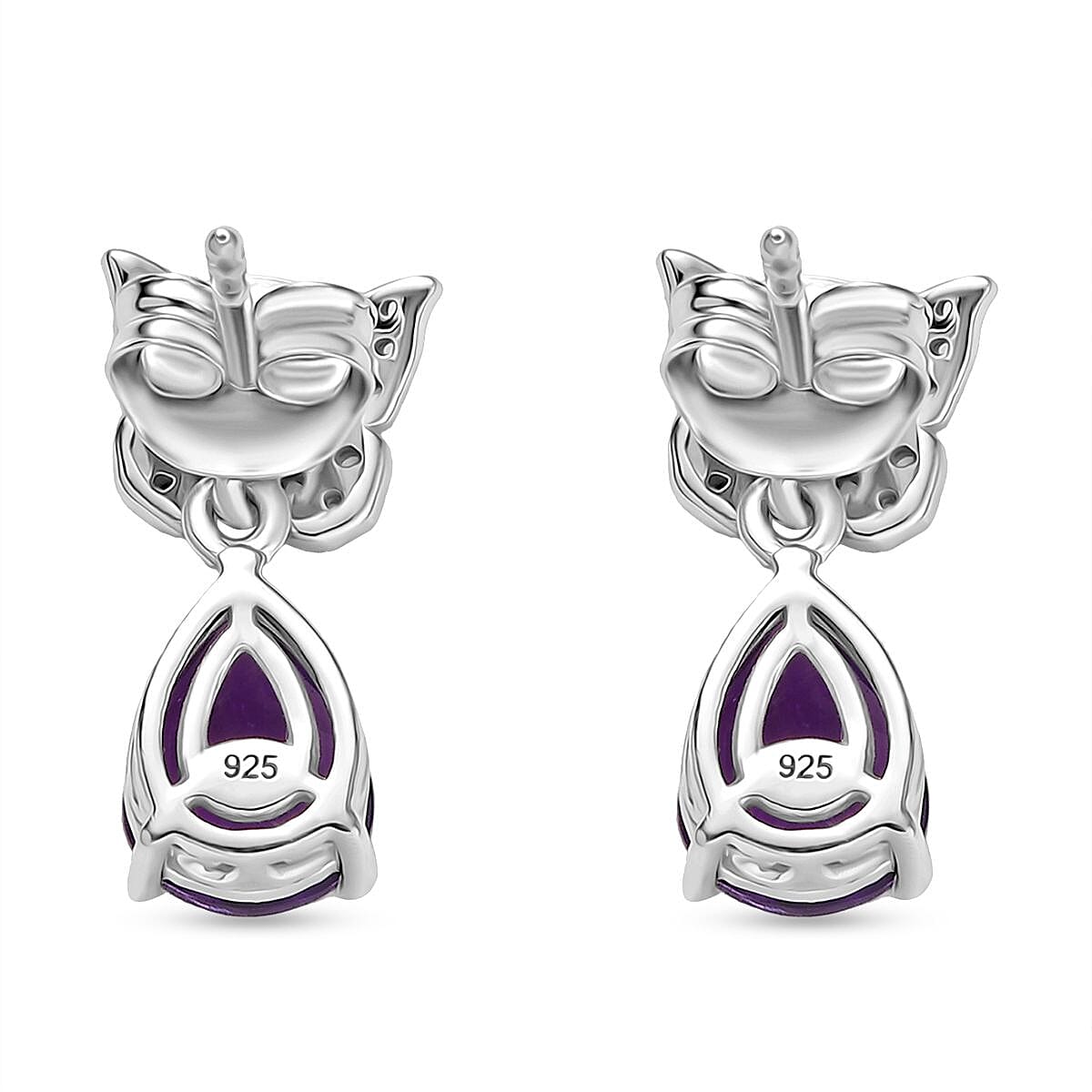 Natural Moroccan Amethyst &amp; White Zircon Blooming Butterfly Stud Push Post Earring in Rhodium Overlay Sterling Silver 2.43 Ct. 8164976 5
