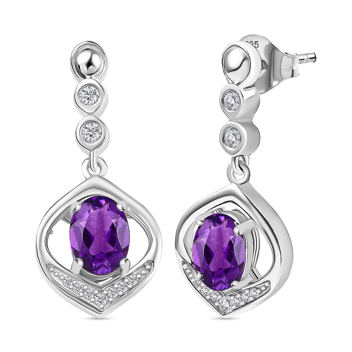 Natural Moroccan Amethyst &amp; White Zircon Timeless Grace Stud Push Post Earring in Rhodium OverlaySterling Silver 1.68 Ct. 8164978 0