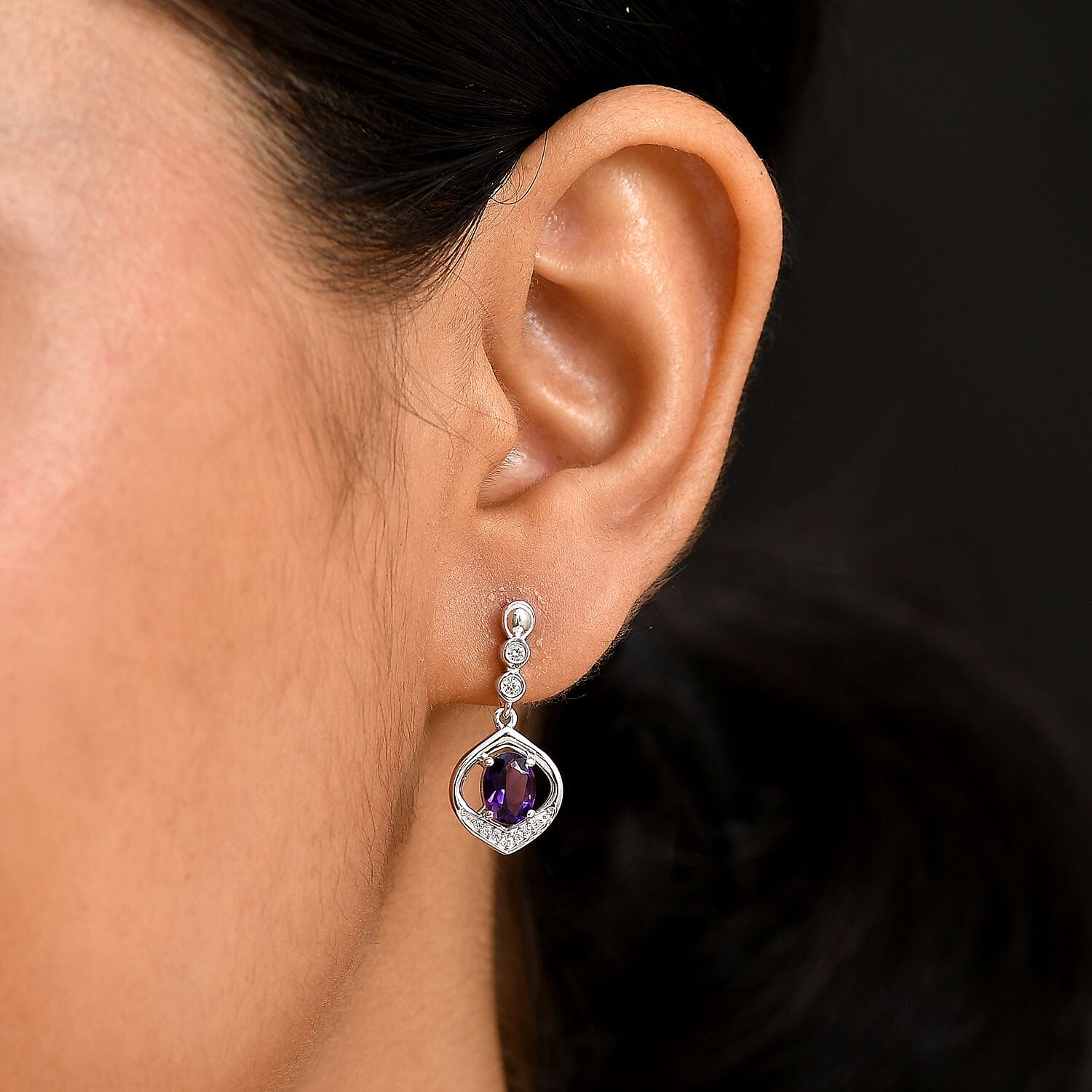 Natural Moroccan Amethyst &amp; White Zircon Timeless Grace Stud Push Post Earring in Rhodium OverlaySterling Silver 1.68 Ct. 8164978 3
