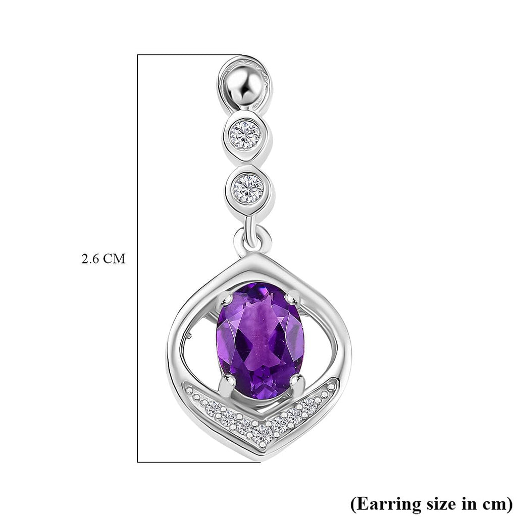 Natural Moroccan Amethyst & White Zircon Timeless Grace Stud Push Post Earring in Rhodium OverlaySterling Silver 1.68 Ct.