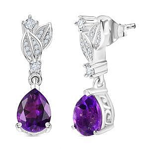 Natural Moroccan Amethyst & White Zircon Leaf Dew Stud Push Post Earring in Rhodium Overlay Sterling Silver 2.40 Ct.