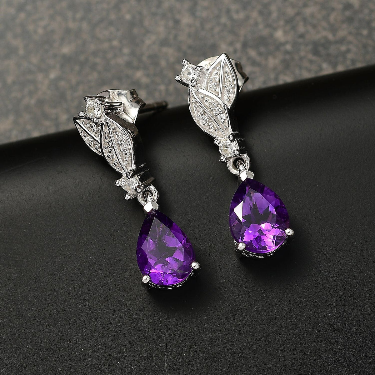 Natural Moroccan Amethyst &amp; White Zircon Leaf Dew Stud Push Post Earring in Rhodium Overlay Sterling Silver 2.40 Ct. 8165187 2