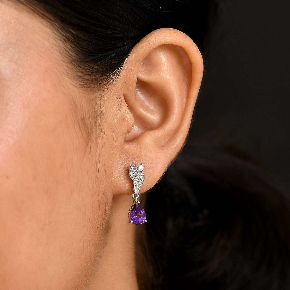 Natural Moroccan Amethyst &amp; White Zircon Leaf Dew Stud Push Post Earring in Rhodium Overlay Sterling Silver 2.40 Ct. 8165187 3
