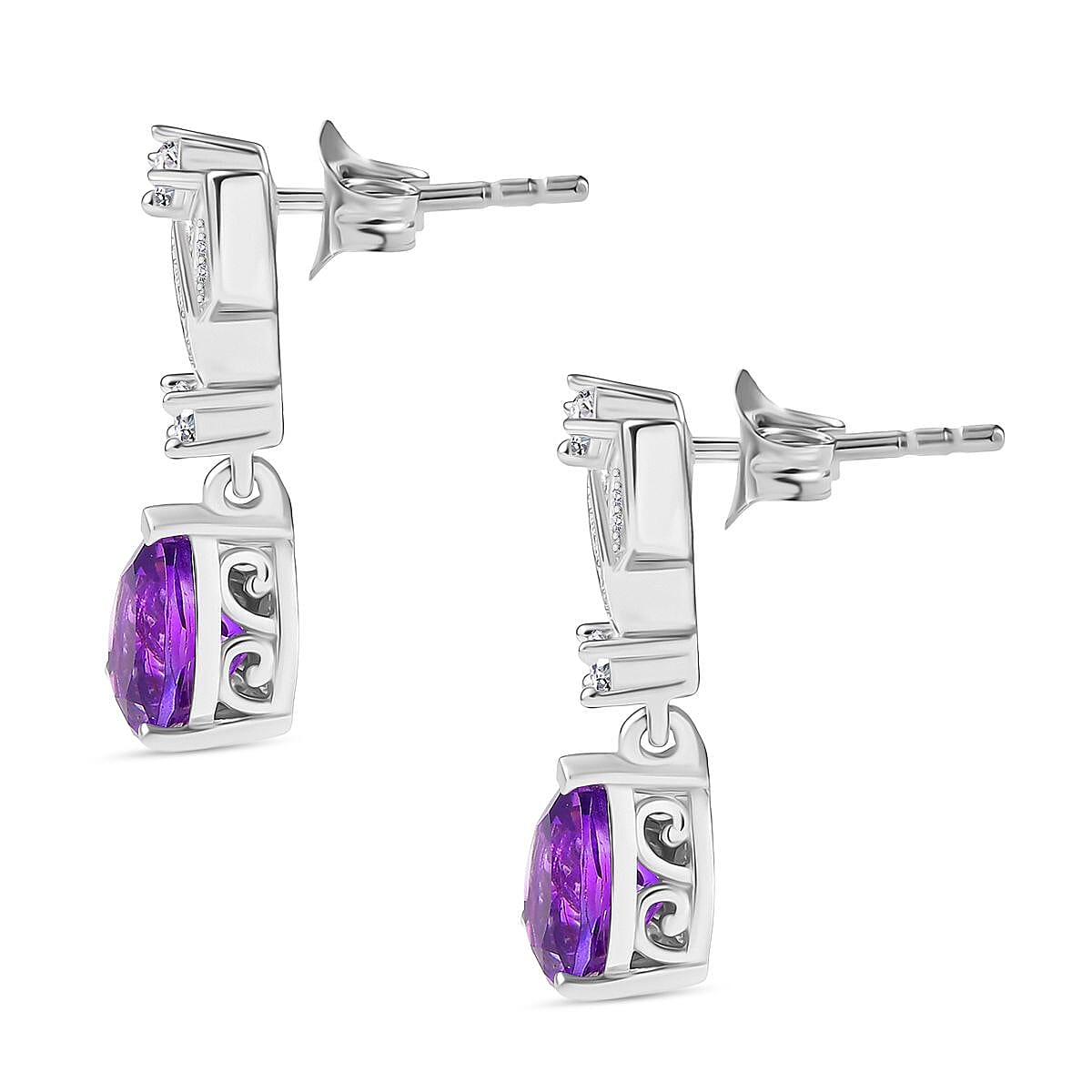 Natural Moroccan Amethyst &amp; White Zircon Leaf Dew Stud Push Post Earring in Rhodium Overlay Sterling Silver 2.40 Ct. 8165187 4