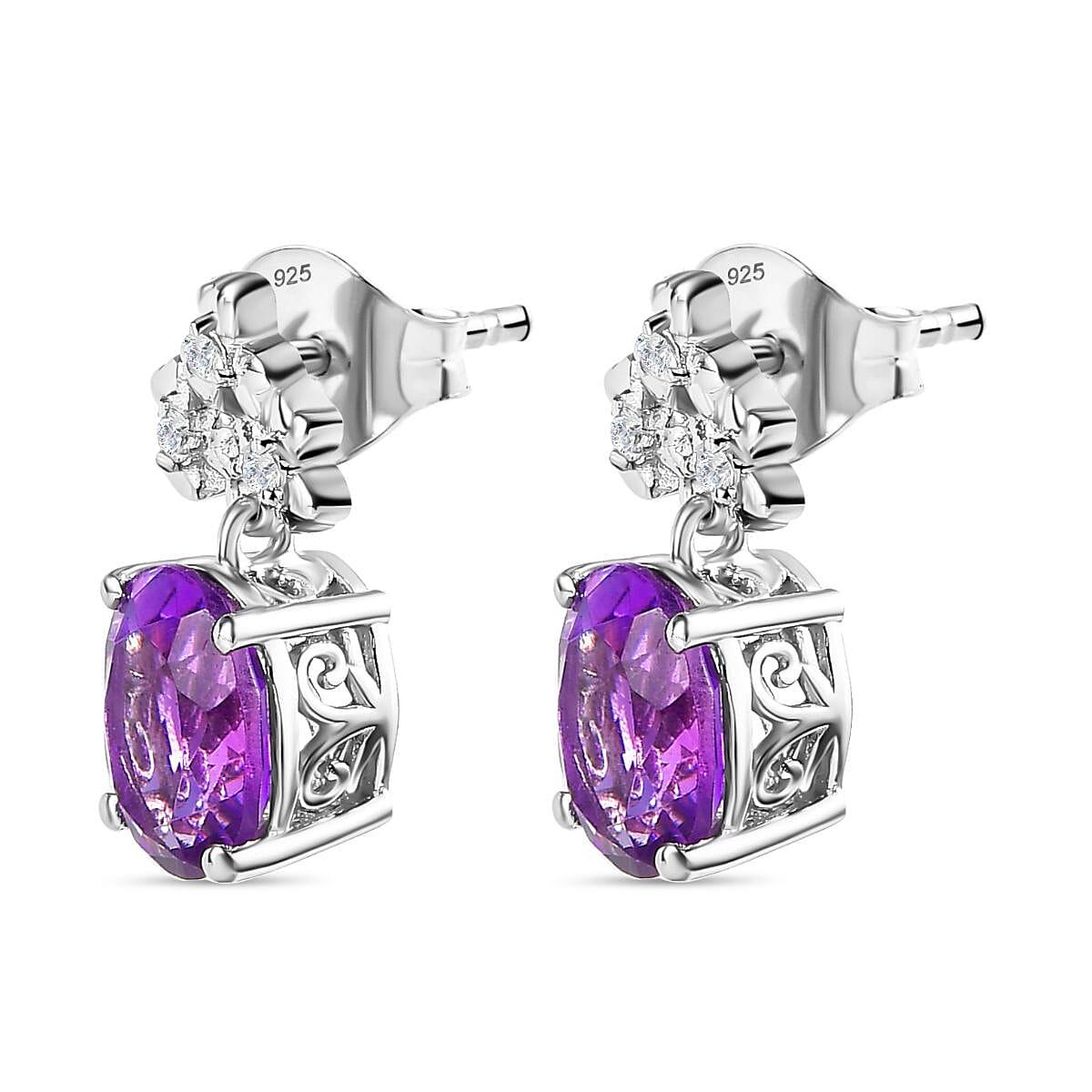 Moroccan Amethyst and Natural Zircon Floral Drop Earrings in Rhodium Plated Sterling Silver 3.68 Ct 7807625 4