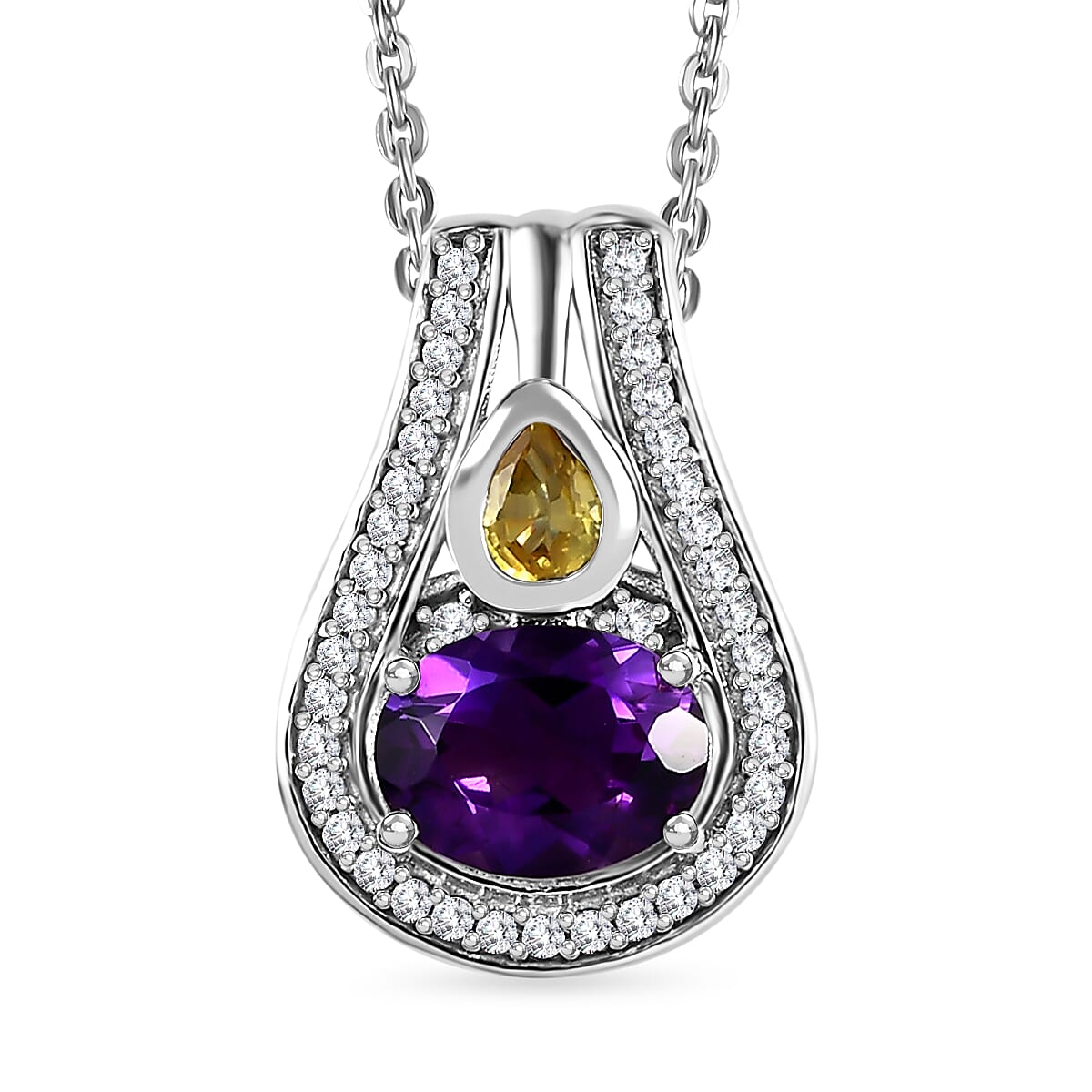 Moroccan Amethyst, Natural Zircon &amp; Yellow Sapphire Pendant with Chain (Size 20) in Platinum Overlay Sterling Silver 1.77 Ct. 4244680 0