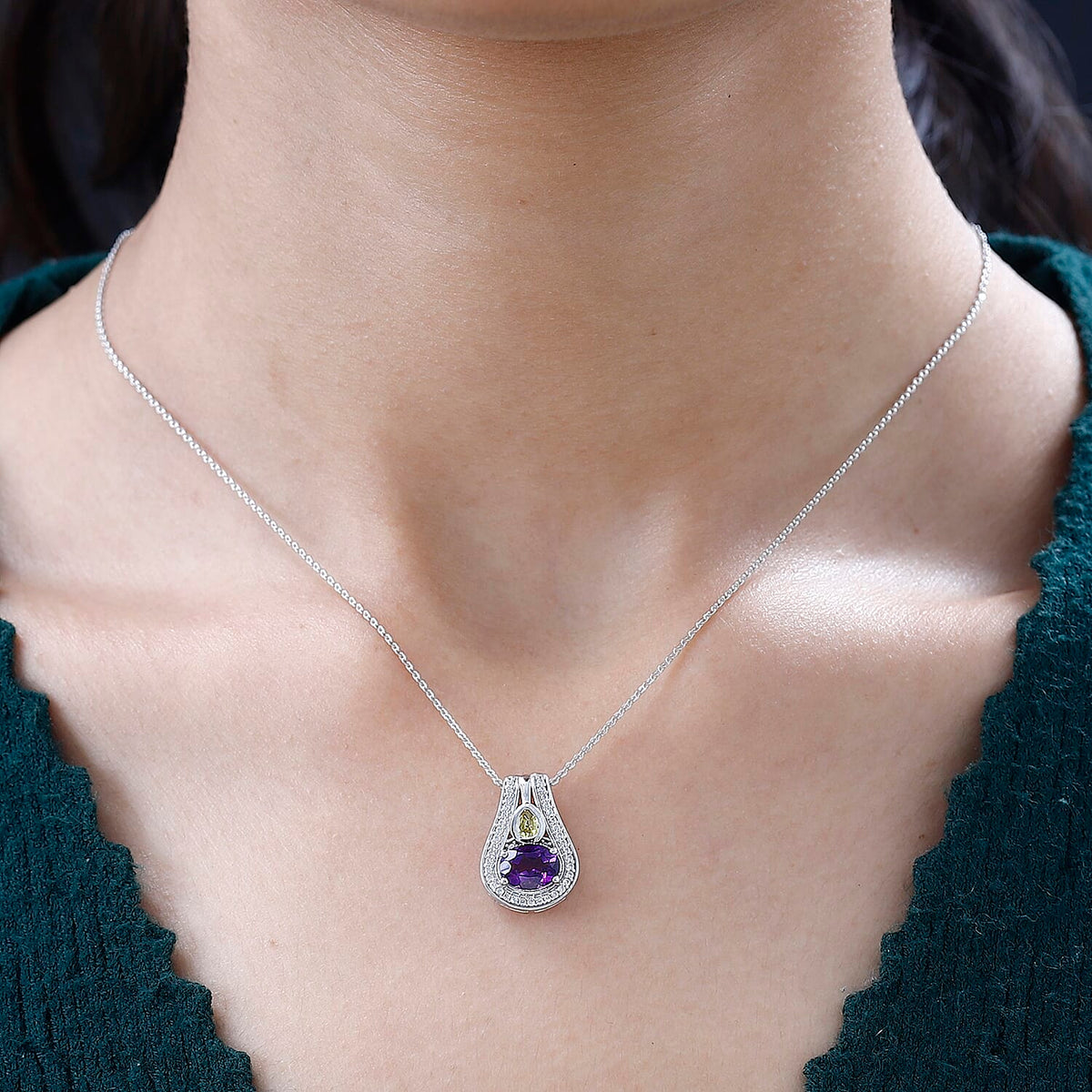 Moroccan Amethyst, Natural Zircon &amp; Yellow Sapphire Pendant with Chain (Size 20) in Platinum Overlay Sterling Silver 1.77 Ct. 4244680 1