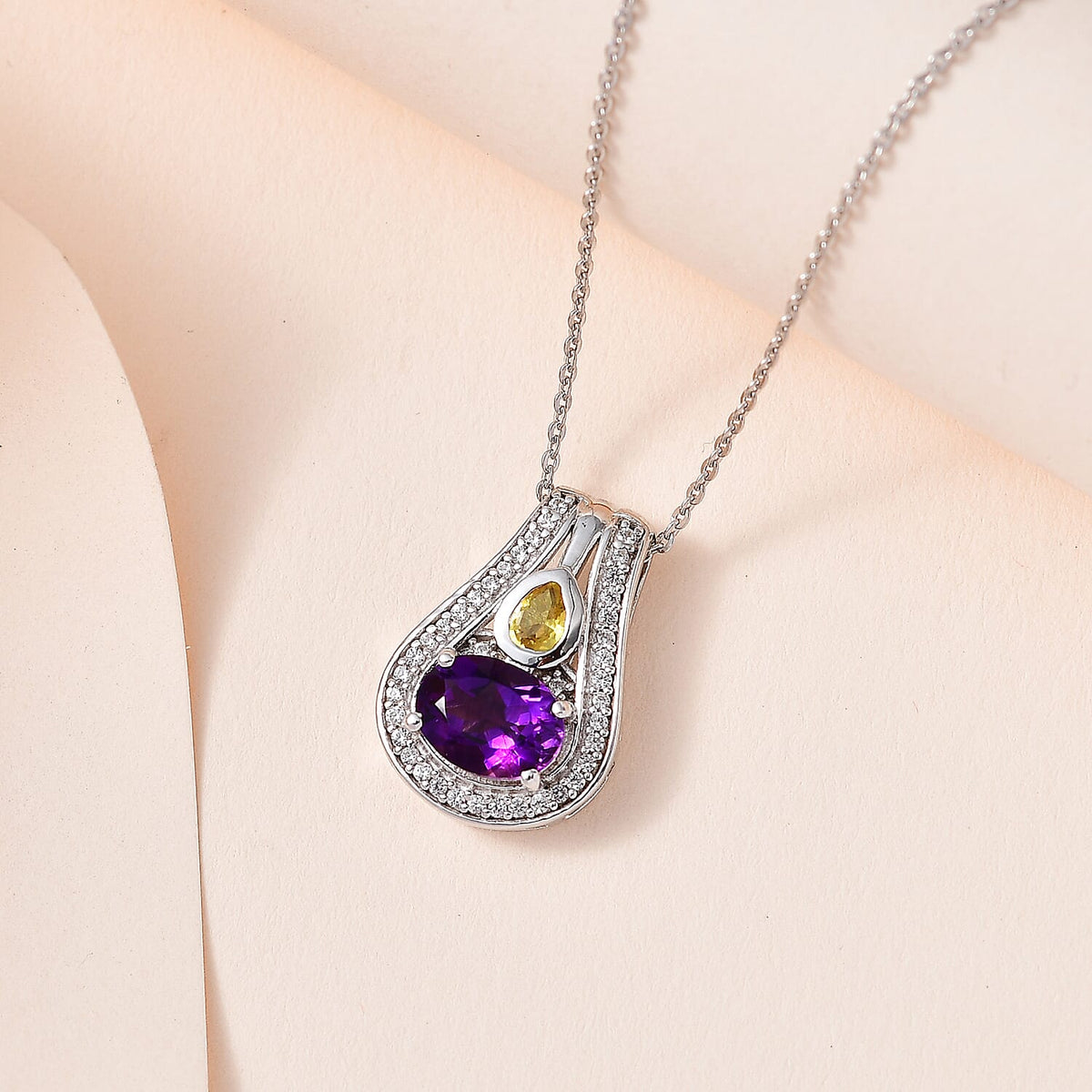Moroccan Amethyst, Natural Zircon &amp; Yellow Sapphire Pendant with Chain (Size 20) in Platinum Overlay Sterling Silver 1.77 Ct. 4244680 2