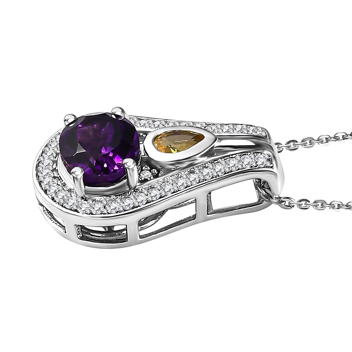 Moroccan Amethyst, Natural Zircon &amp; Yellow Sapphire Pendant with Chain (Size 20) in Platinum Overlay Sterling Silver 1.77 Ct. 4244680 3