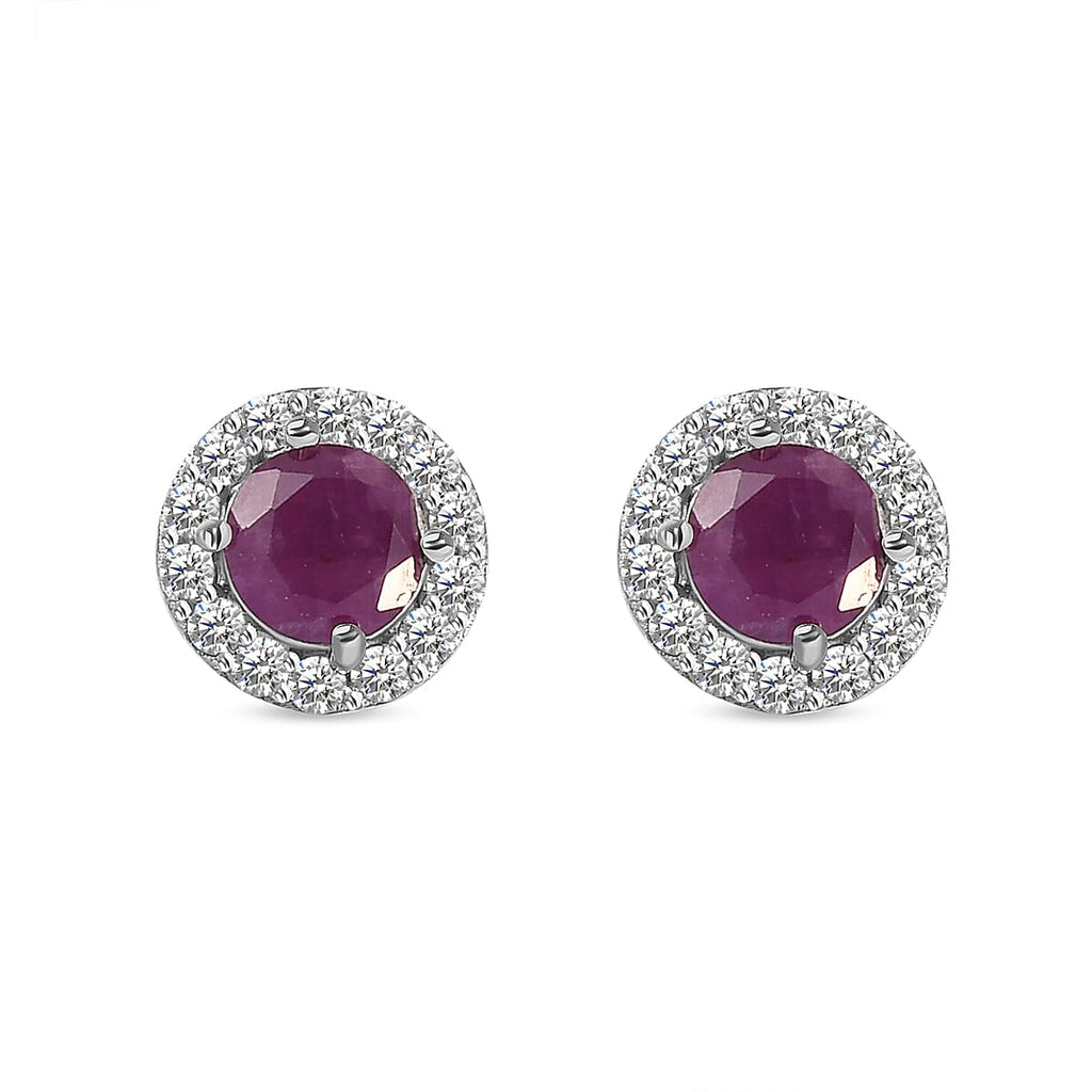 Natural Moroccan Ruby and Natural Cambodian Zircon Stud Earrings (With Push Back) in Platinum Overlay Sterling Silver 1.33 Ct.