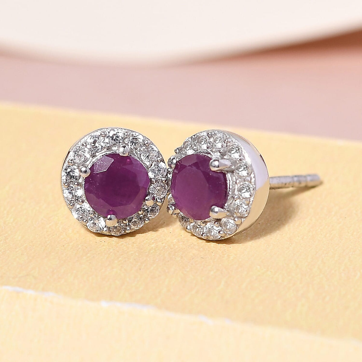 Moroccan Ruby and Natural Cambodian Zircon Stud Earrings in Platinum Plated Sterling Silver 8716081 2