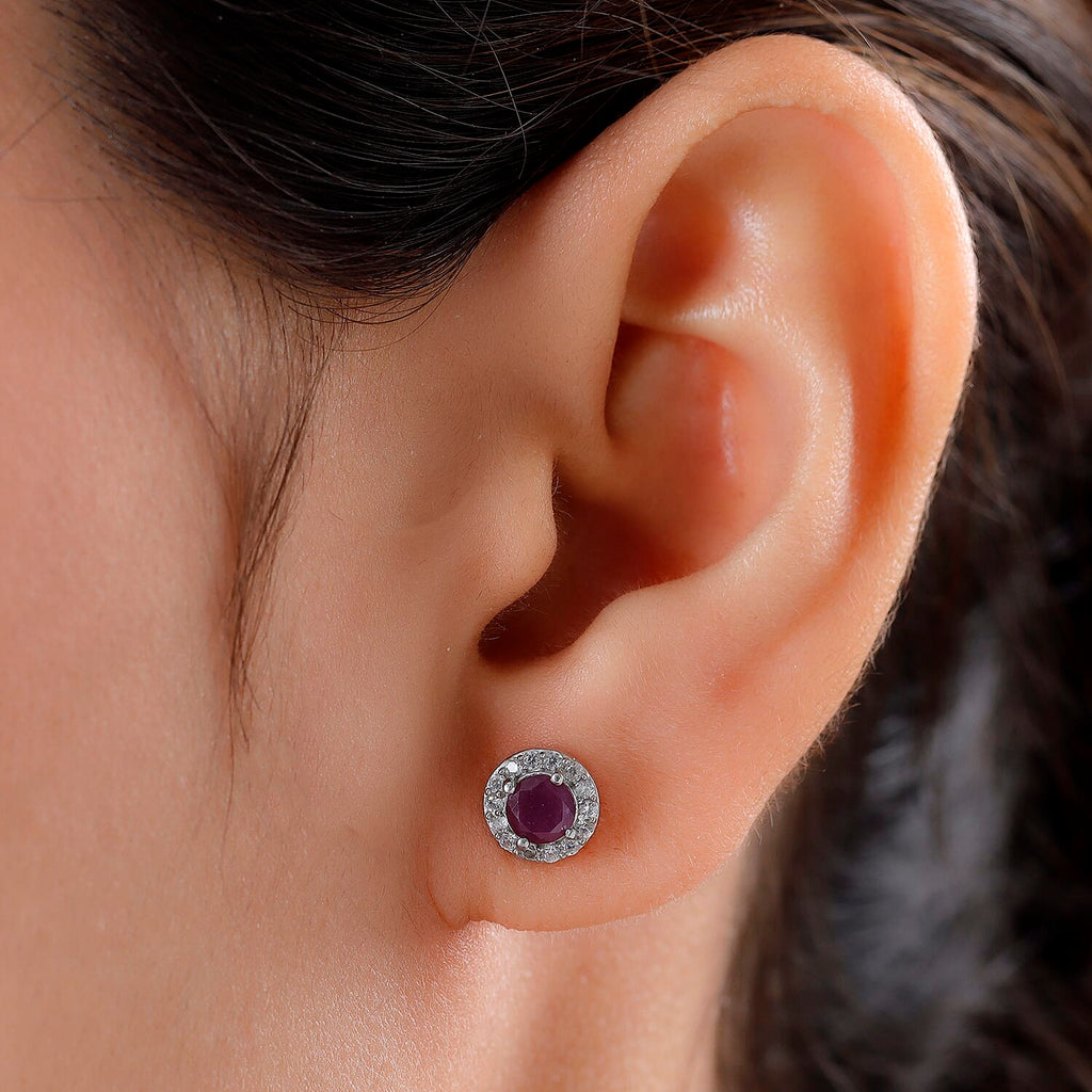 Natural Moroccan Ruby and Natural Cambodian Zircon Stud Earrings (With Push Back) in Platinum Overlay Sterling Silver 1.33 Ct.
