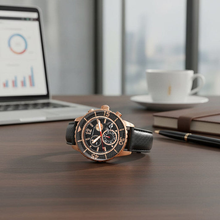Morphic M51 Series Quartz Movt. 10ATM WR Black Dial with Rose Case Mens Watch with Black Leather Strap 8072035 2