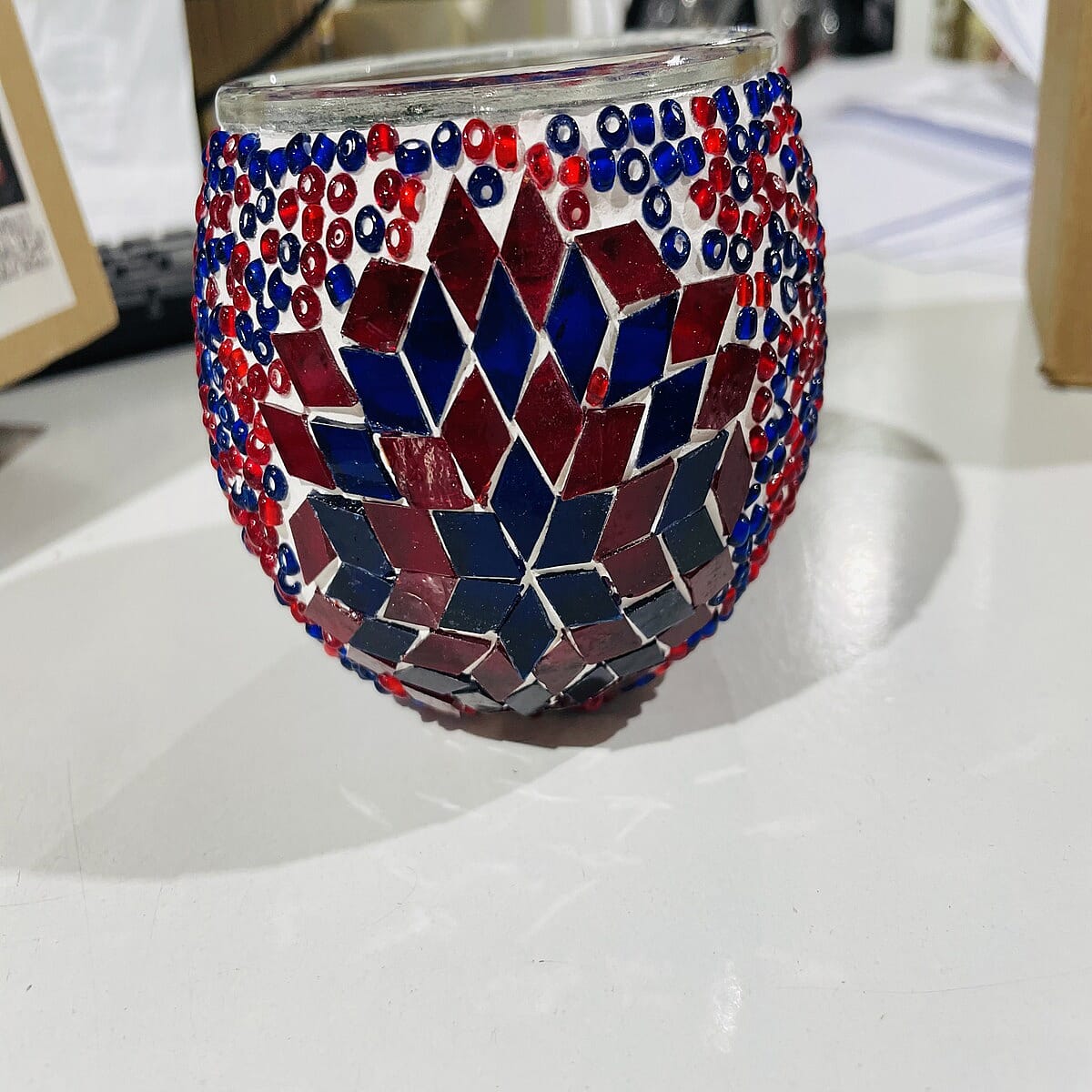 Moroccan Style - Soy Wax Mosaic Glass Lavender Scented Candle (175g) - Red, Blue &amp; White 8189408 0