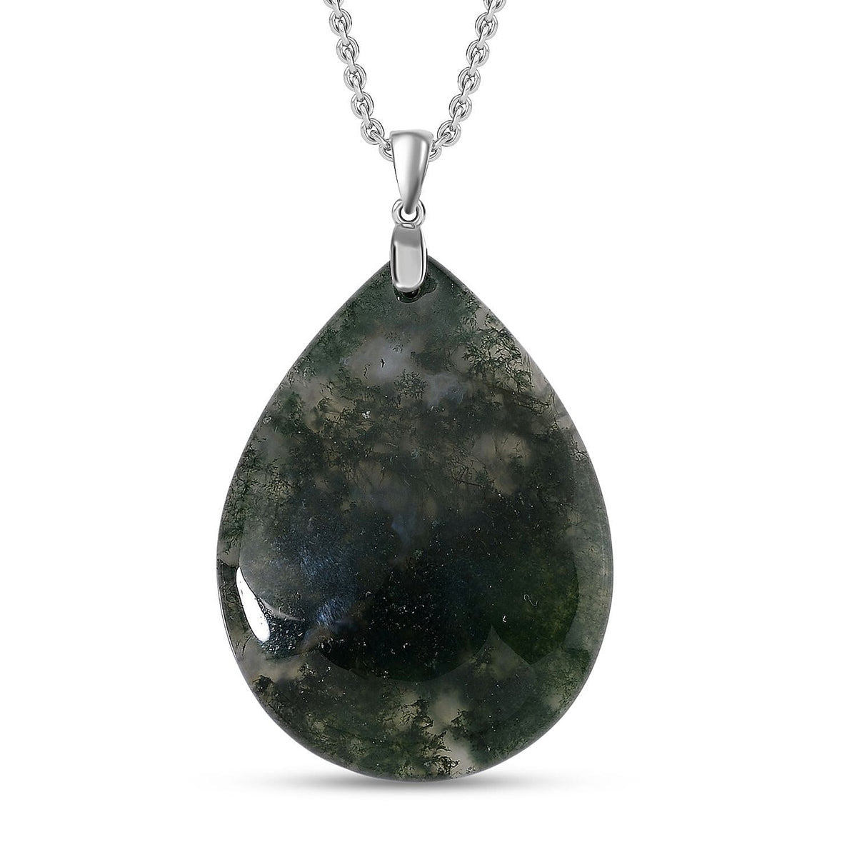 Natural Moss Agate Pendant with Chain (Size 20) with Lobster Clasp in Rhodium Overlay Sterling Silver 50.00 Ct. 4409370 0
