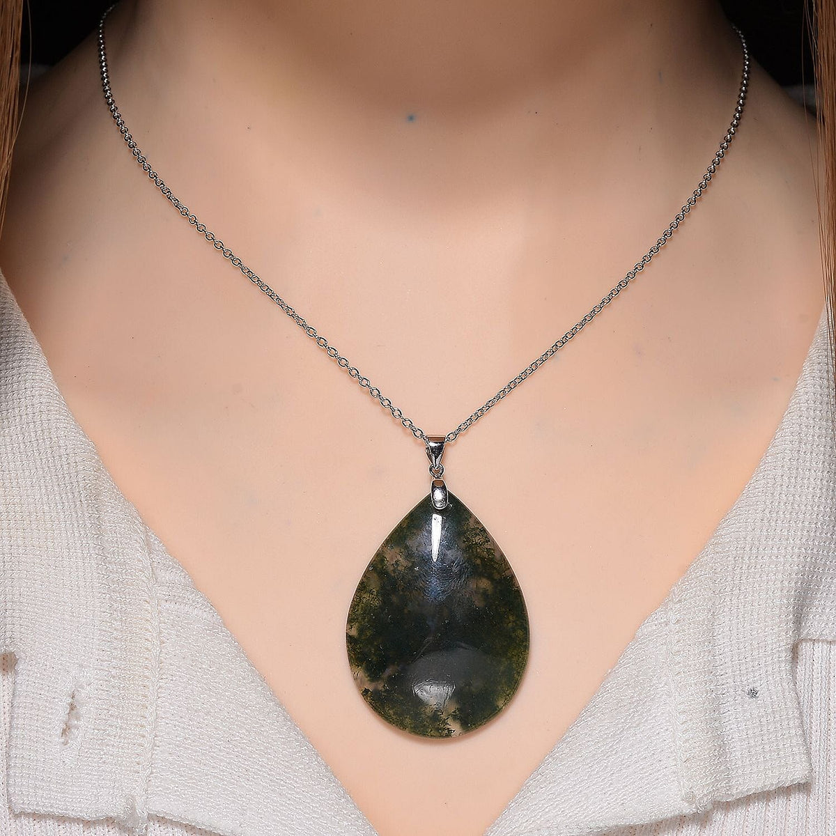 Natural Moss Agate Pendant with Chain (Size 20) with Lobster Clasp in Rhodium Overlay Sterling Silver 50.00 Ct. 4409370 2