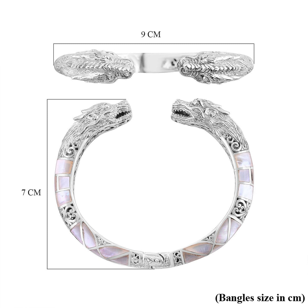 Royal Bali Collection - Artisan Crafted Mother Of Pearl Dragon Cuff Bangle (Size 7.5) in Sterling Silver 7702704 6