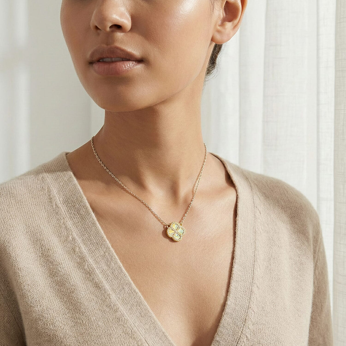 Mother Of Pearl, Cubic Zirconia Clover Reversible Necklace (Size - 17.5 Inch with Ext) with Lobster Clasp in Gold Plated Sterling Silver 8422386 1
