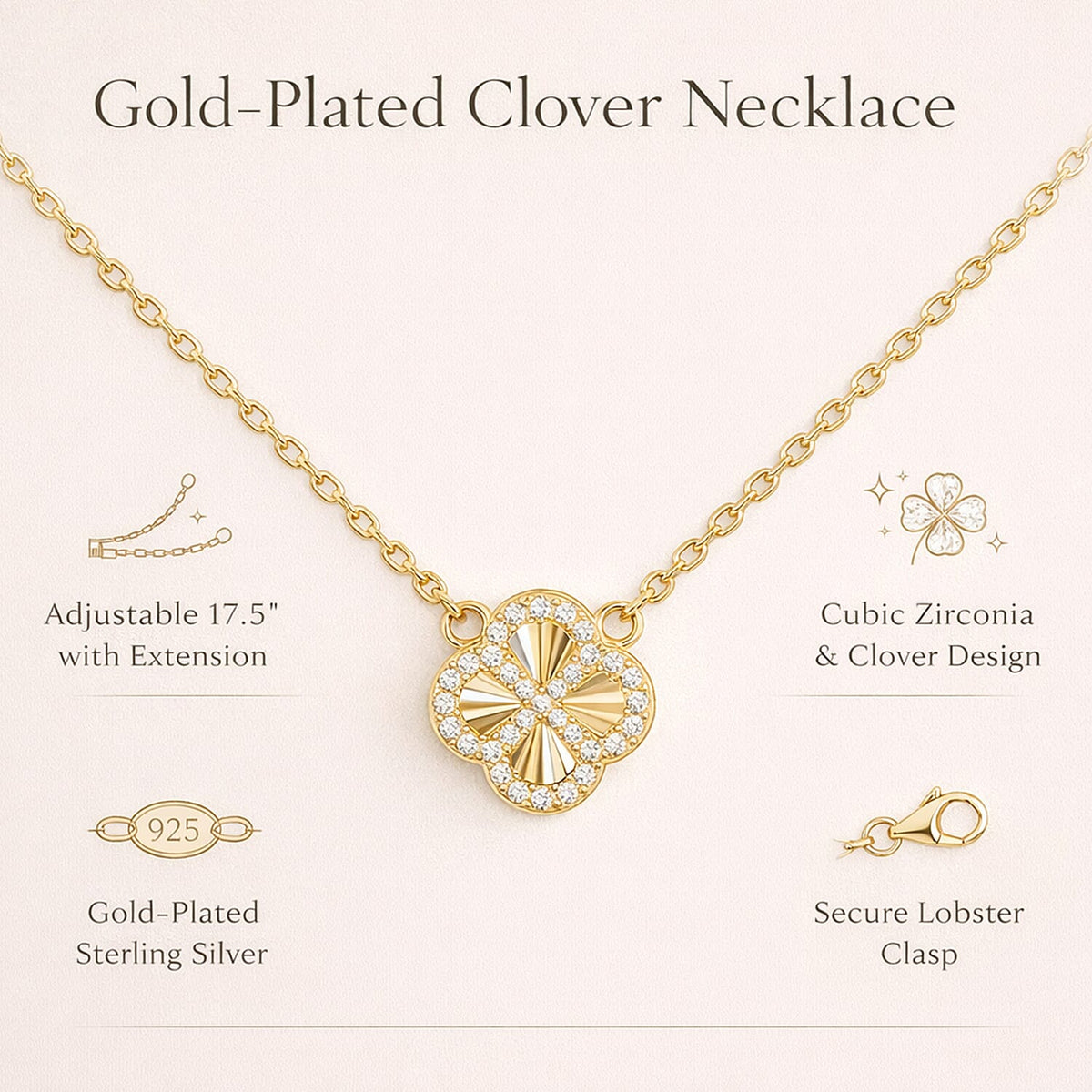 Mother Of Pearl, Cubic Zirconia Clover Reversible Necklace (Size - 17.5 Inch with Ext) with Lobster Clasp in Gold Plated Sterling Silver 8422386 4