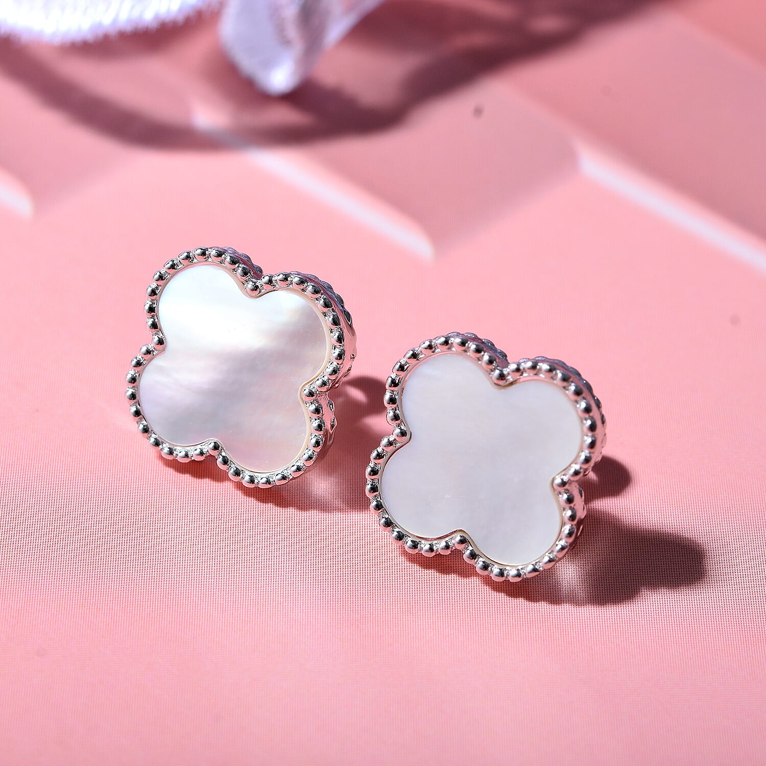 Designer Inspired Mother of Pearl Clover Earrings in Rhodium Overlay Sterling Silver 7813927 1
