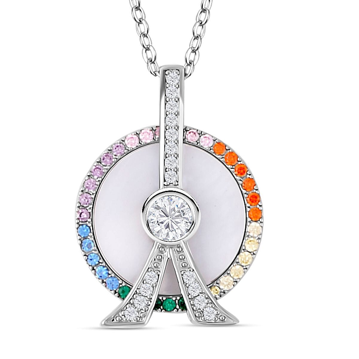 Mother Of Pearl and Simulated Rainbow Sapphire Ferris Wheel Pendant with Chain (Size - 20-2 Inch) in Silver Tone 4127495 0