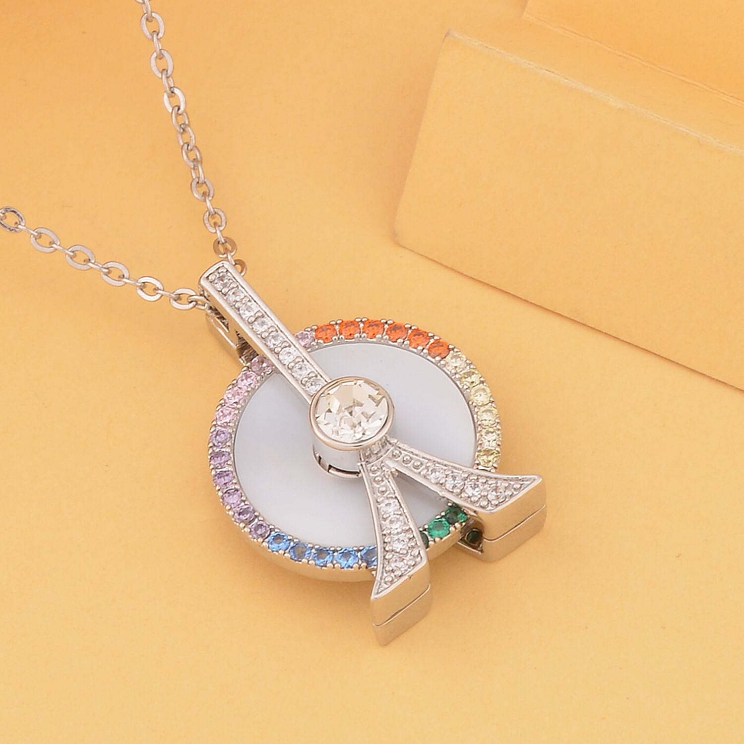 Mother Of Pearl and Simulated Rainbow Sapphire Ferris Wheel Pendant with Chain (Size - 20-2 Inch) in Silver Tone 4127495 1