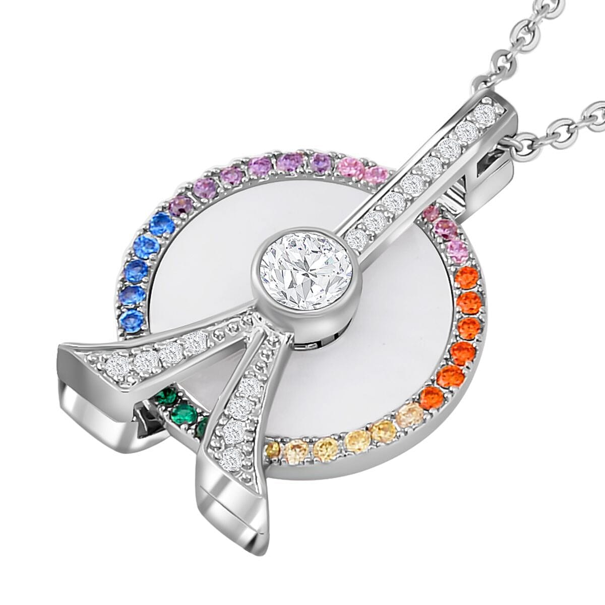 Mother Of Pearl and Simulated Rainbow Sapphire Ferris Wheel Pendant with Chain (Size - 20-2 Inch) in Silver Tone 4127495 3