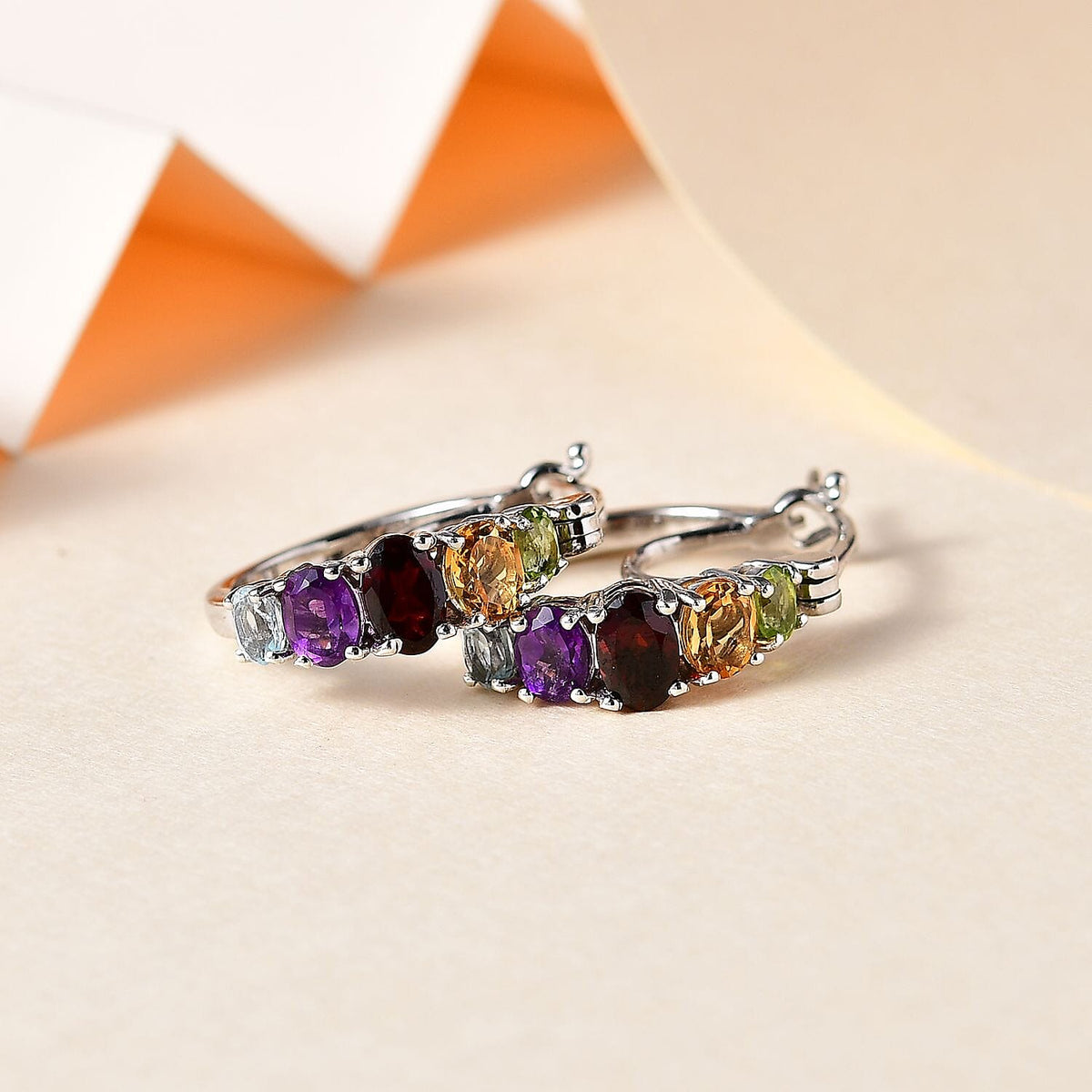 Mozambique Garnet &amp; Multi Gemstone Hoop Earrings in Platinum Overlay Sterling Silver 3.20 Ct 7766930 1