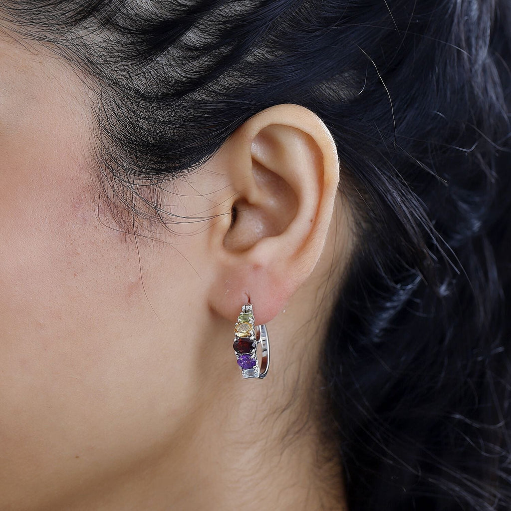 Mozambique Garnet & Multi Gemstone Hoop Earrings in Platinum Overlay Sterling Silver 3.20 Ct