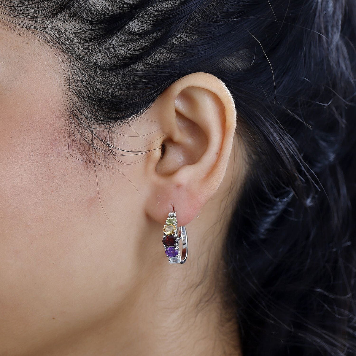 Mozambique Garnet &amp; Multi Gemstone Hoop Earrings in Platinum Overlay Sterling Silver 3.20 Ct 7766930 2