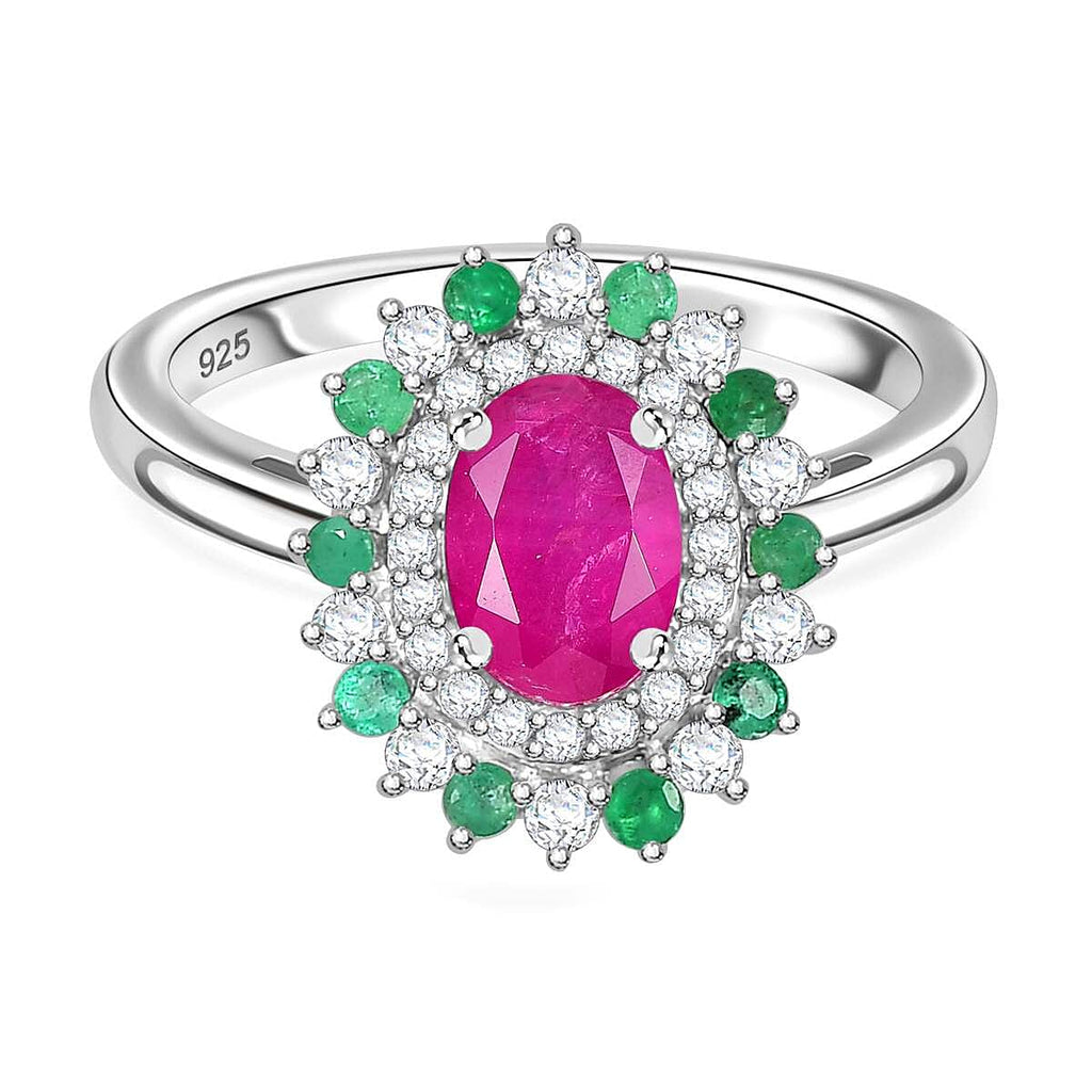 Gemfields Montepuez Ruby, Emerald & Moissanite Solitaire Ring in Rhodium Overlay Sterling Silver 1.63 Ct.