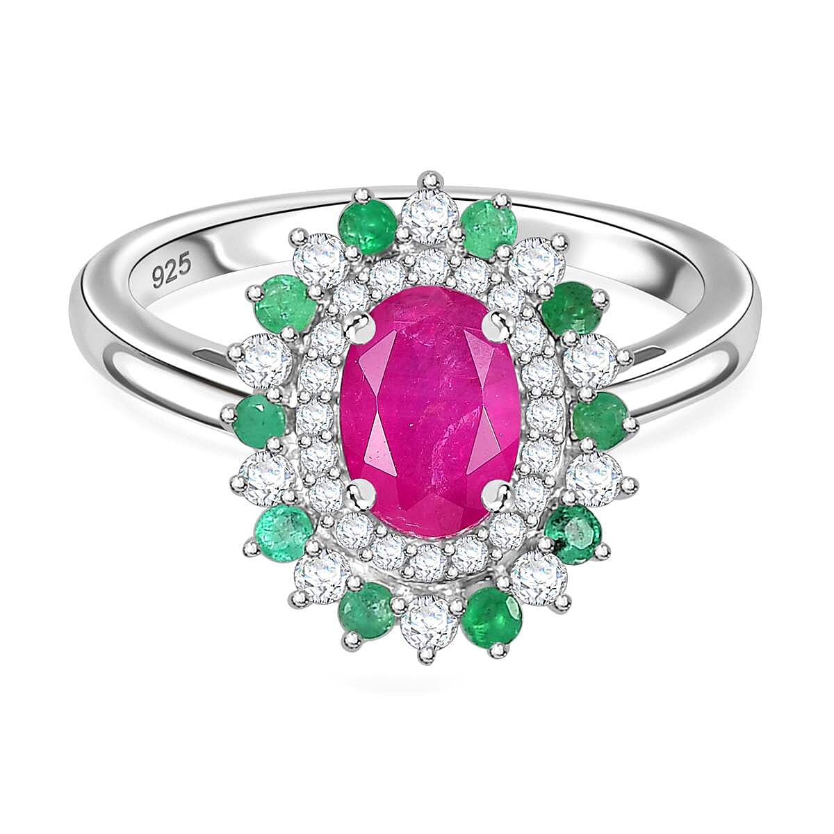 Gemfields Montepuez Ruby, Emerald, Moissanite Halo Ring in Rhodium Overlay Sterling Silver 1.85 ct 7853830 0