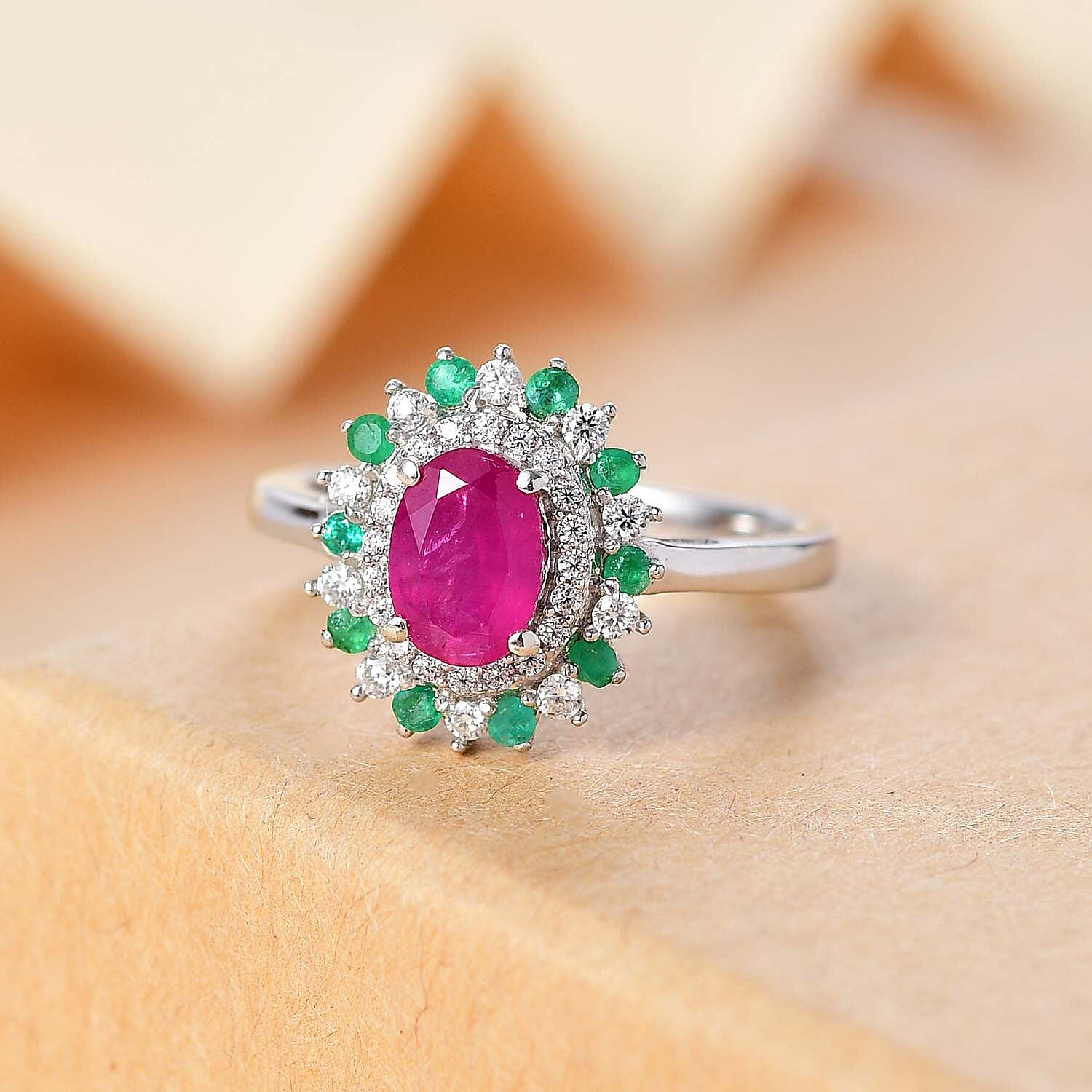 Gemfields Montepuez Ruby, Emerald, Moissanite Halo Ring in Rhodium Overlay Sterling Silver 1.85 ct 7853830 1
