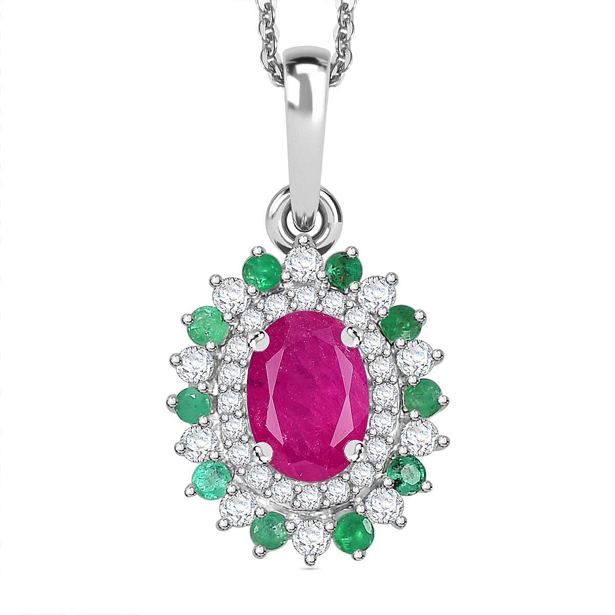 Mozambique Ruby, Moissanite, Emerald Halo Pendant with Chain (Size 20) in Rhodium Overlay Sterling Silver 4296159 0