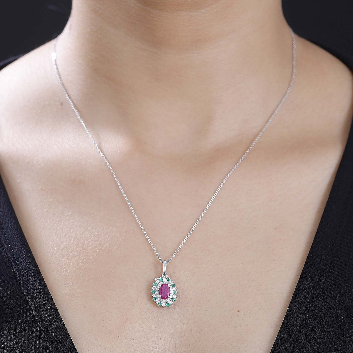 Mozambique Ruby, Moissanite, Emerald Halo Pendant with Chain (Size 20) in Rhodium Overlay Sterling Silver 4296159 2