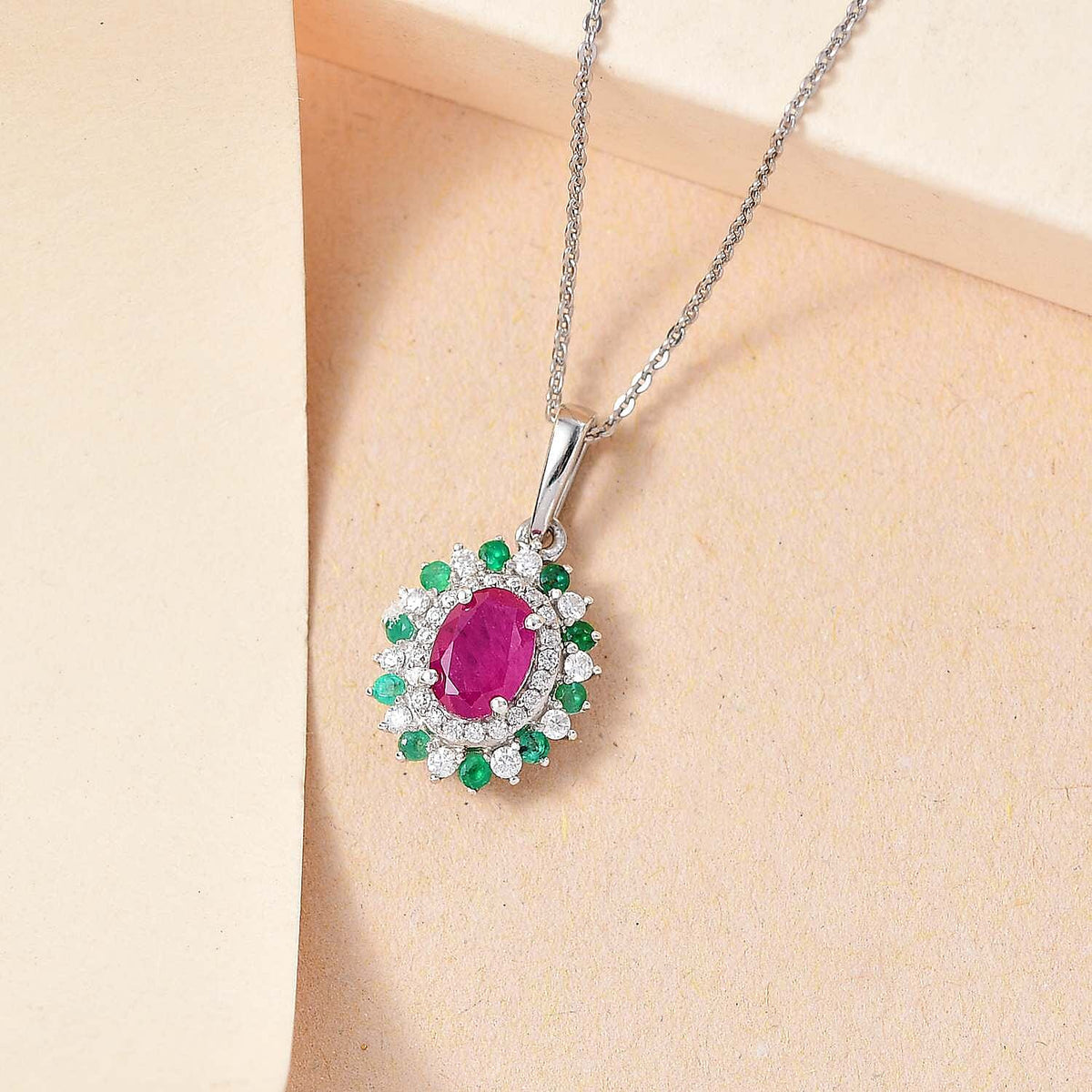 Mozambique Ruby, Moissanite, Emerald Halo Pendant with Chain (Size 20) in Rhodium Overlay Sterling Silver 4296159 3