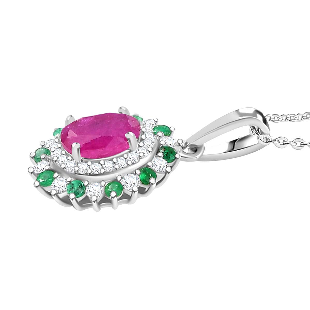 Mozambique Ruby, Moissanite, Emerald Halo Pendant with Chain (Size 20) in Rhodium Overlay Sterling Silver 4296159 4
