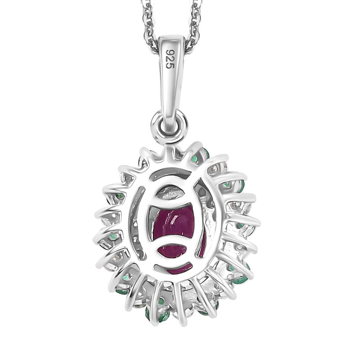 Mozambique Ruby, Moissanite, Emerald Halo Pendant with Chain (Size 20) in Rhodium Overlay Sterling Silver 4296159 5