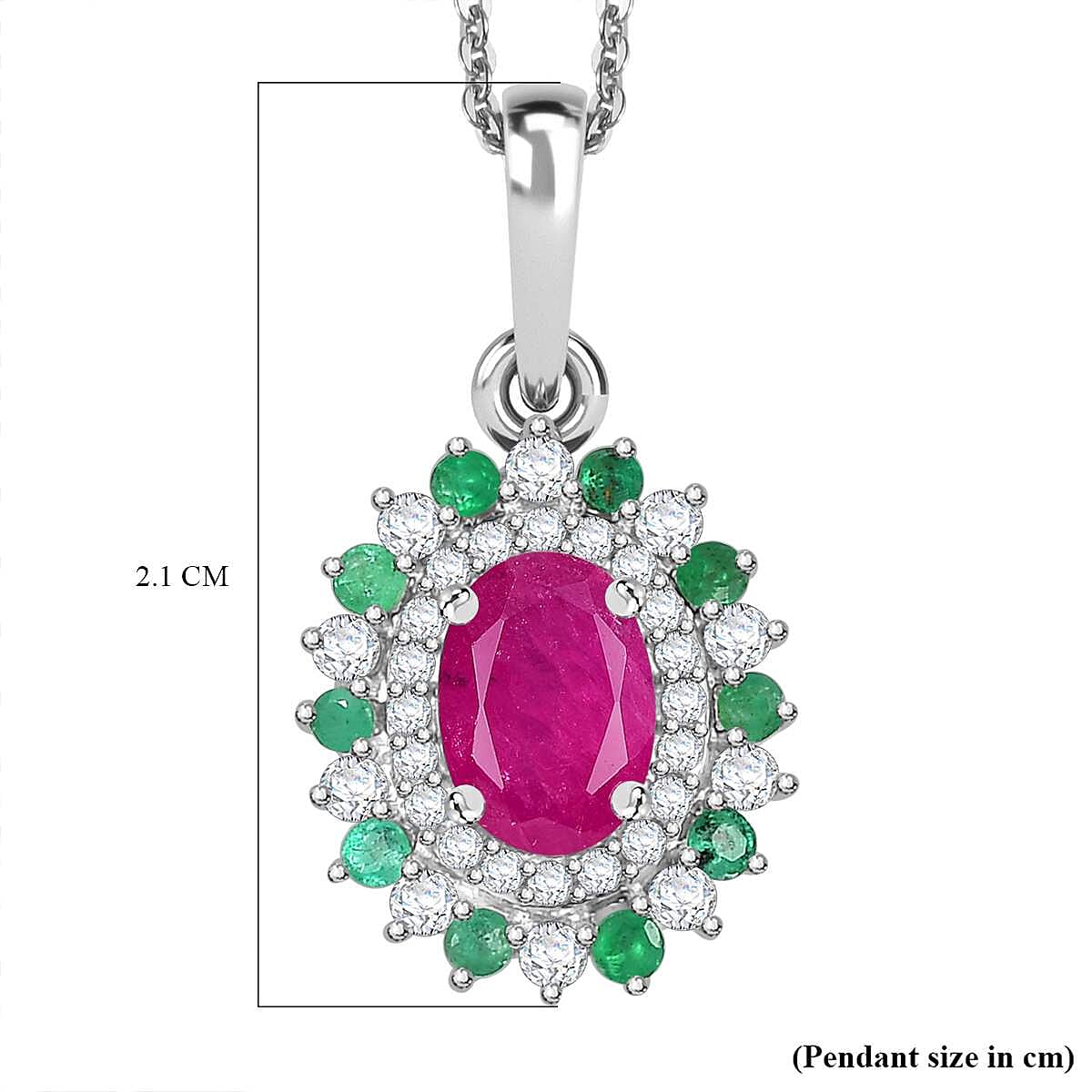 Mozambique Ruby, Moissanite, Emerald Halo Pendant with Chain (Size 20) in Rhodium Overlay Sterling Silver 4296159 7