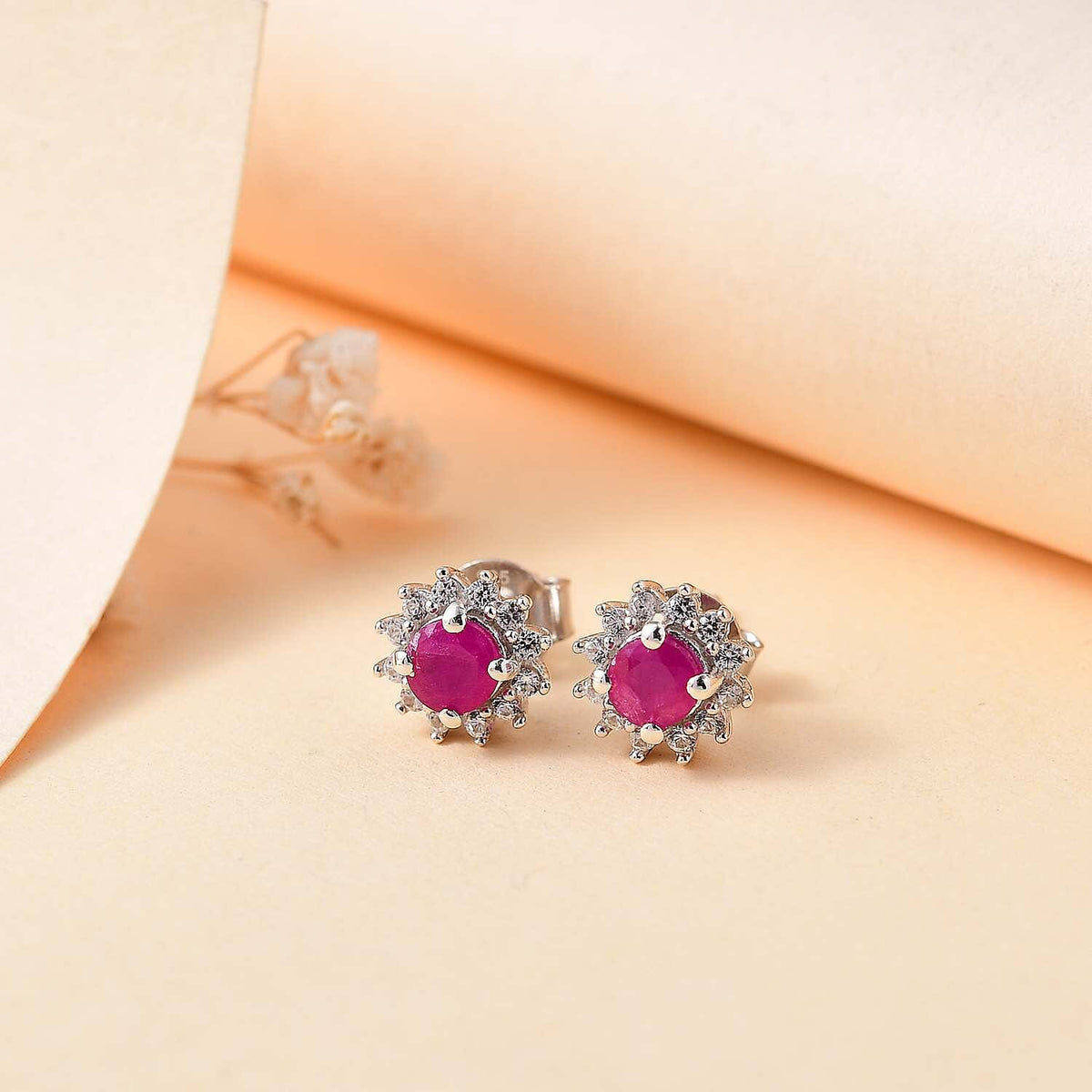 Mozambique Ruby, White Zircon Halo Earrings in Rhodium Overlay Sterling Silver 7851045 2