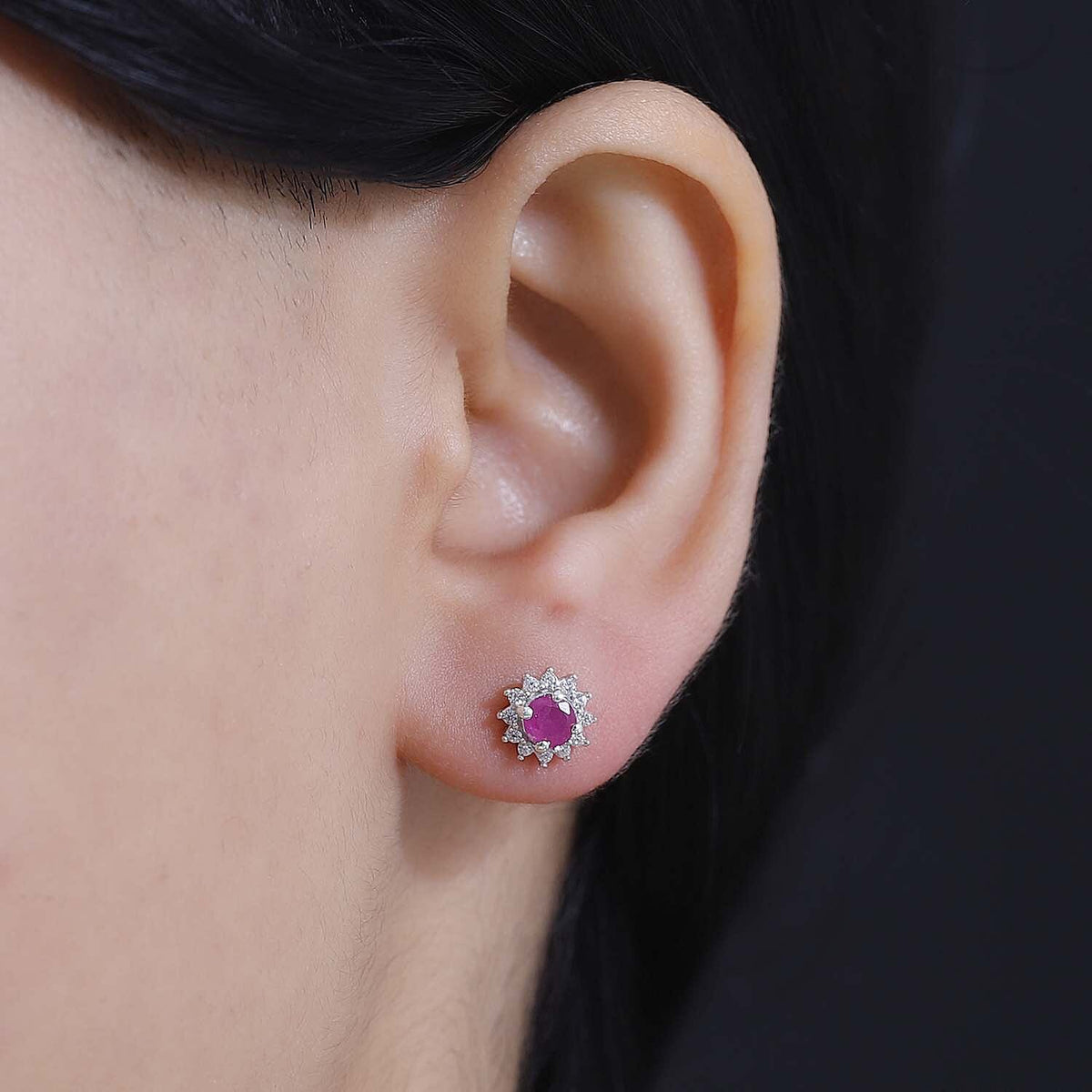 Mozambique Ruby, White Zircon Halo Earrings in Rhodium Overlay Sterling Silver 7851045 3