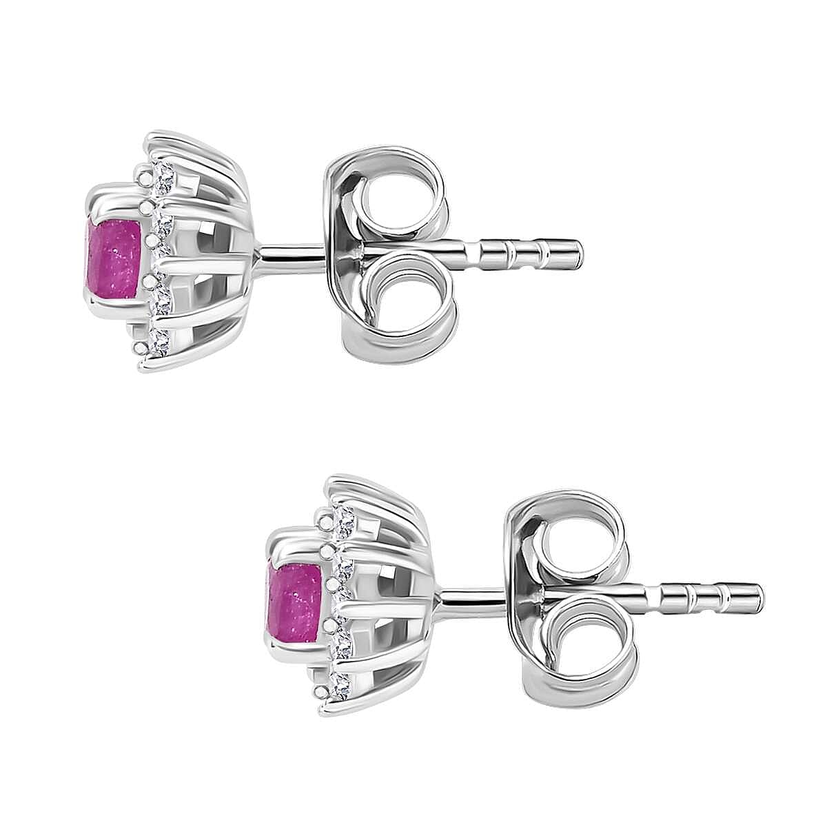 Mozambique Ruby, White Zircon Halo Earrings in Rhodium Overlay Sterling Silver 7851045 4