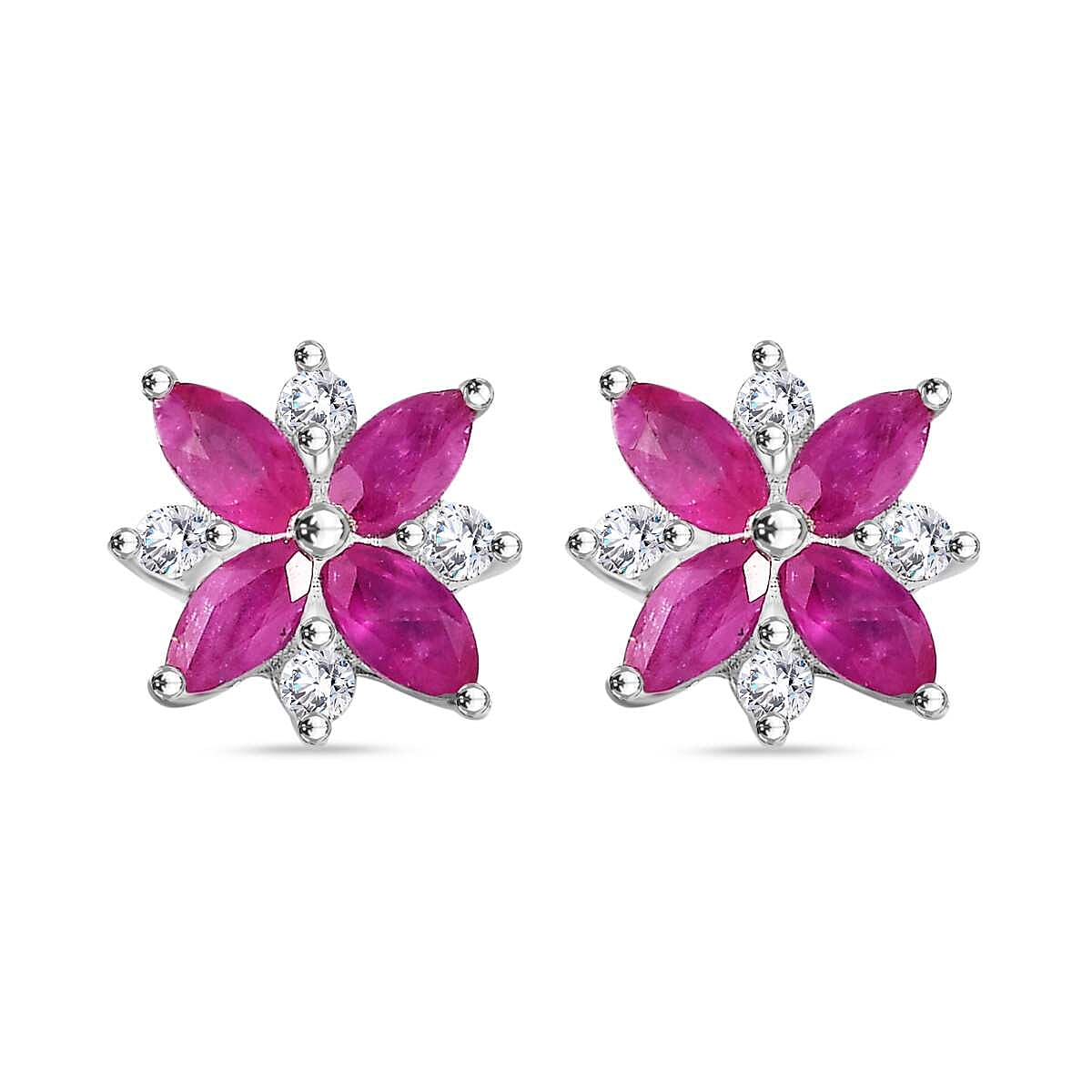 Mozambique Ruby, White Zircon Floral Earrings in Rhodium Overlay Sterling Silver 7851057 0