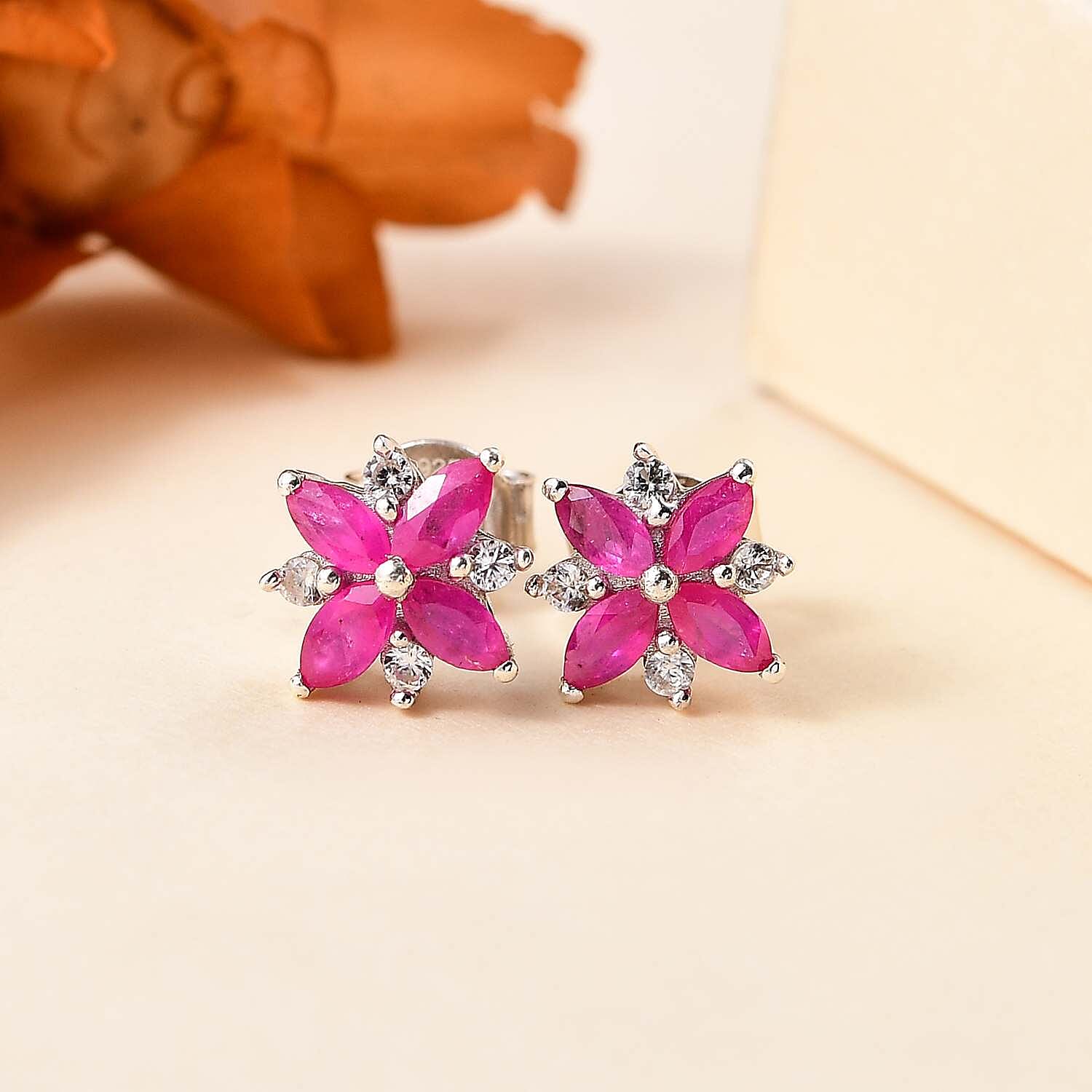 Mozambique Ruby, White Zircon Floral Earrings in Rhodium Overlay Sterling Silver 7851057 2