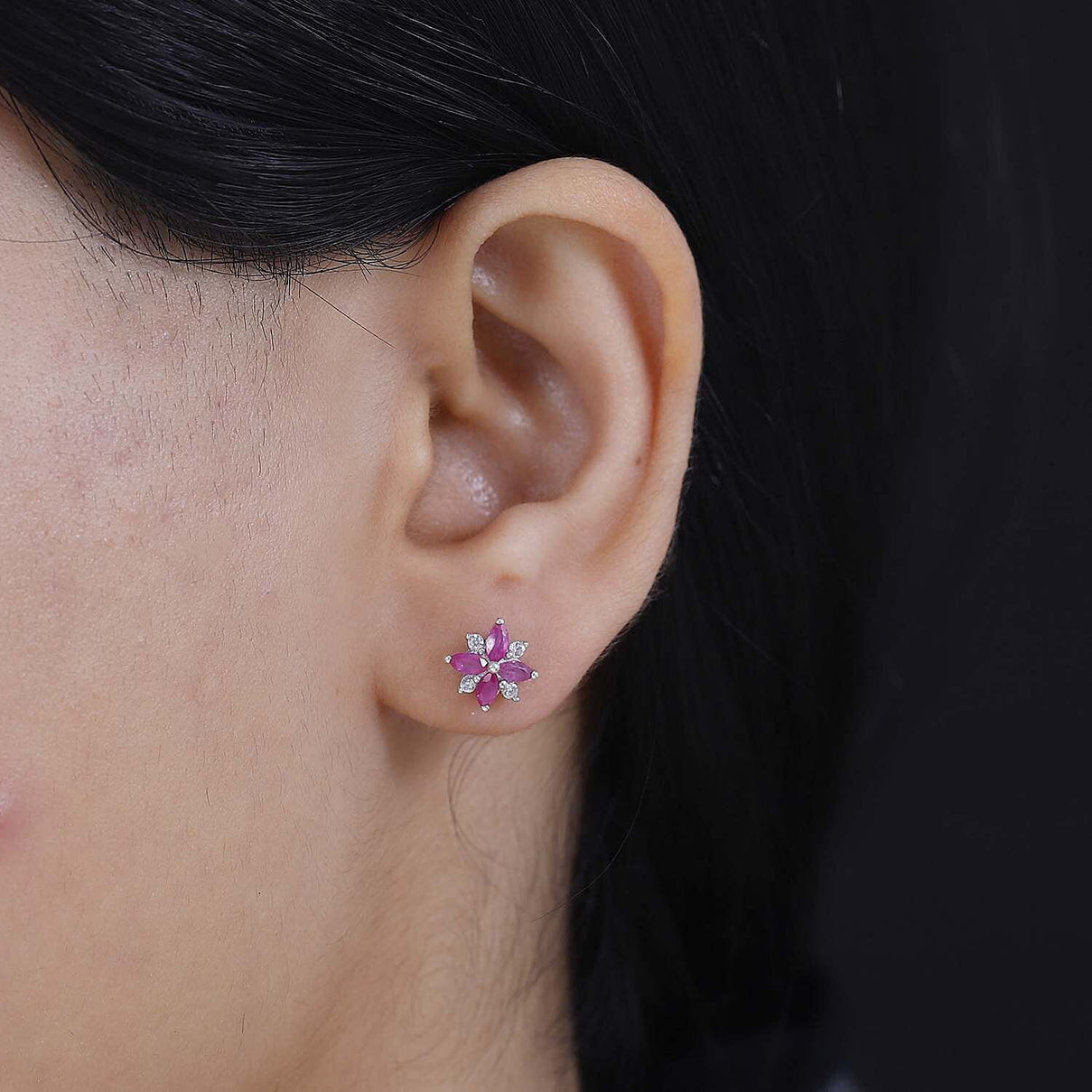 Mozambique Ruby, White Zircon Floral Earrings in Rhodium Overlay Sterling Silver 7851057 3