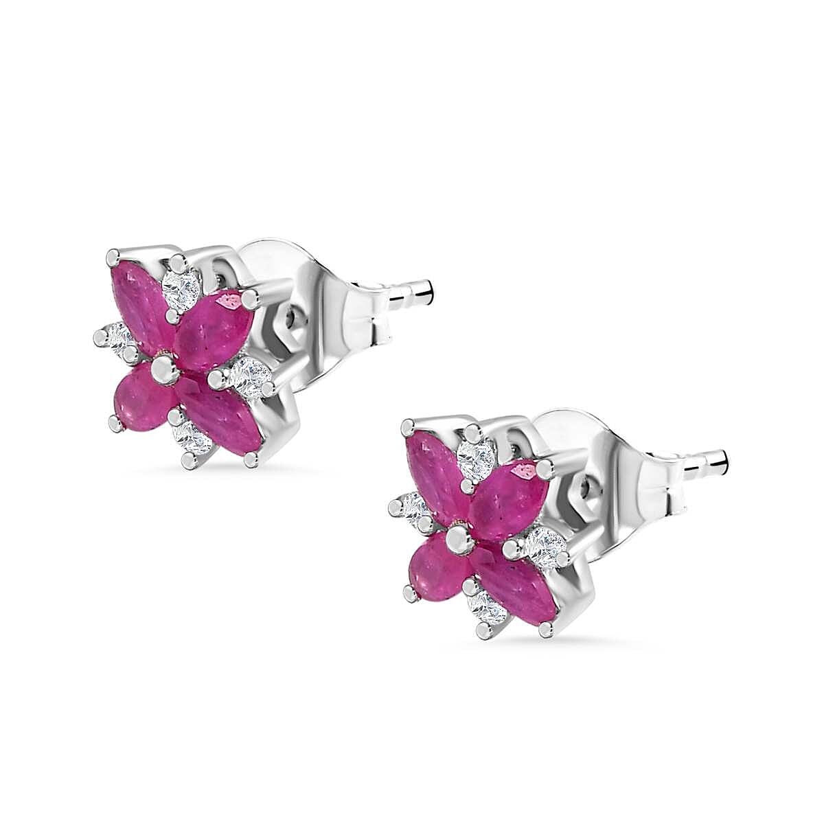 Mozambique Ruby, White Zircon Floral Earrings in Rhodium Overlay Sterling Silver 7851057 4