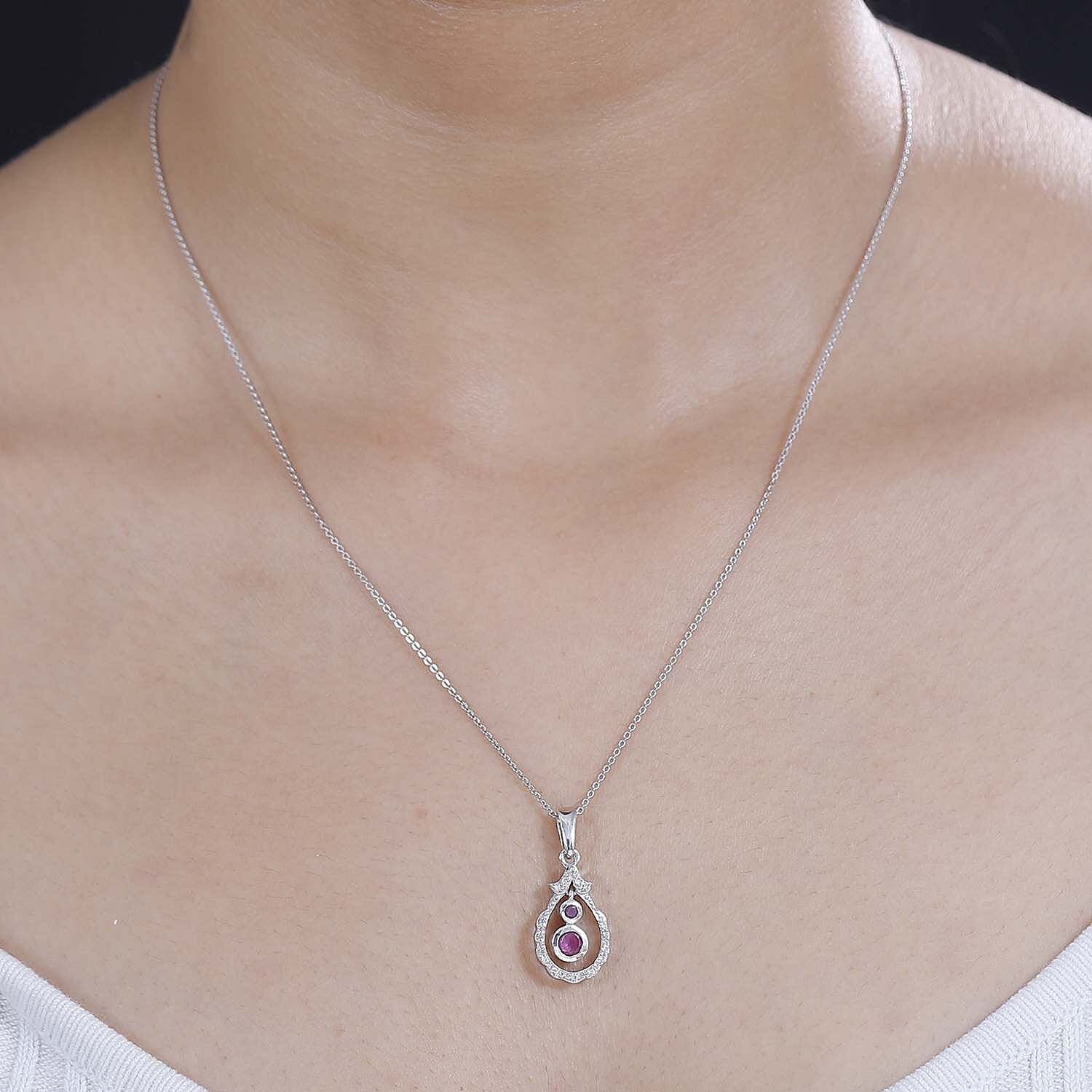 Mozambique Ruby, White Zircon Dangle Pendant with Chain (Size 20) in Rhodium Overlay Sterling Silver 4297602 0