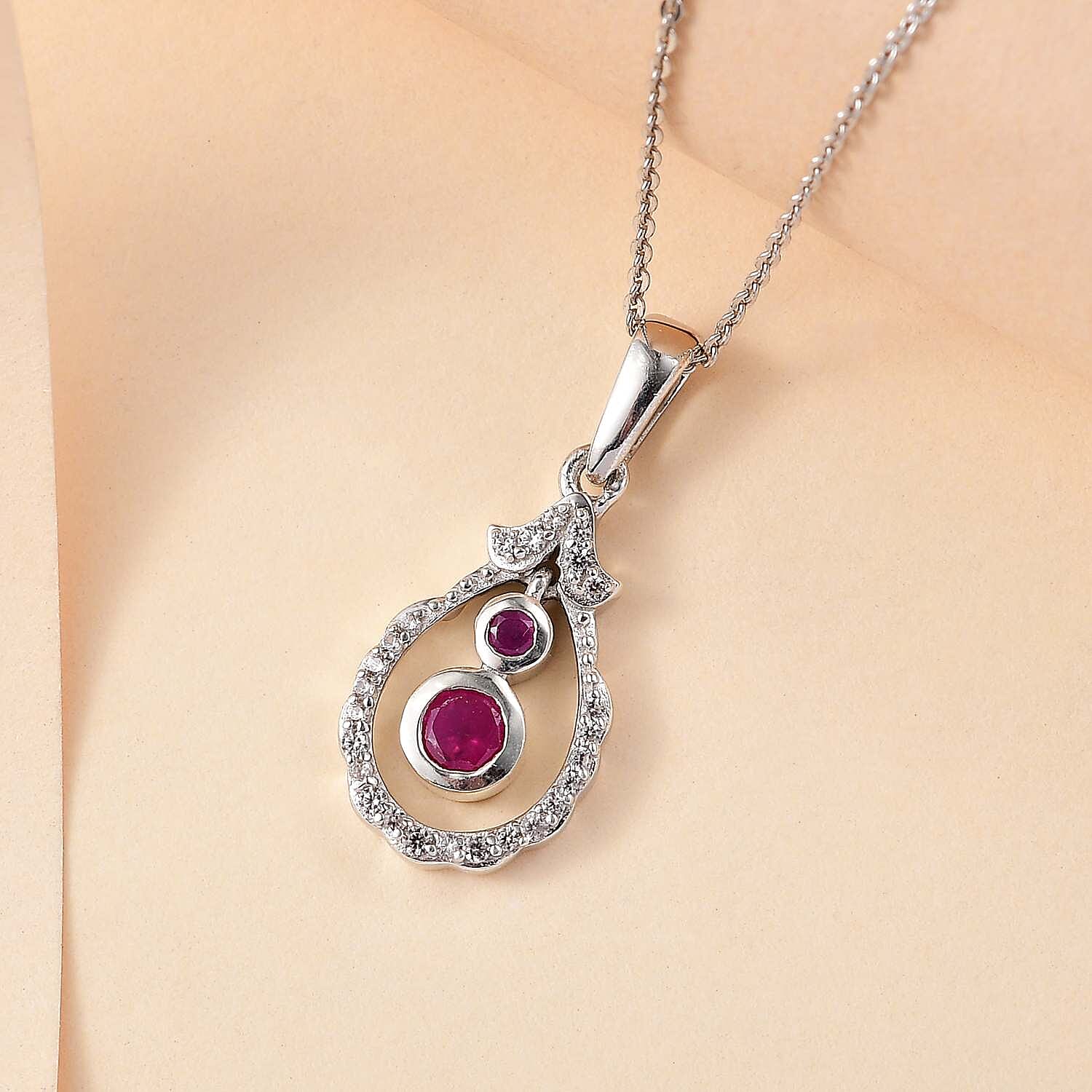 Mozambique Ruby, White Zircon Dangle Pendant with Chain (Size 20) in Rhodium Overlay Sterling Silver 4297602 2